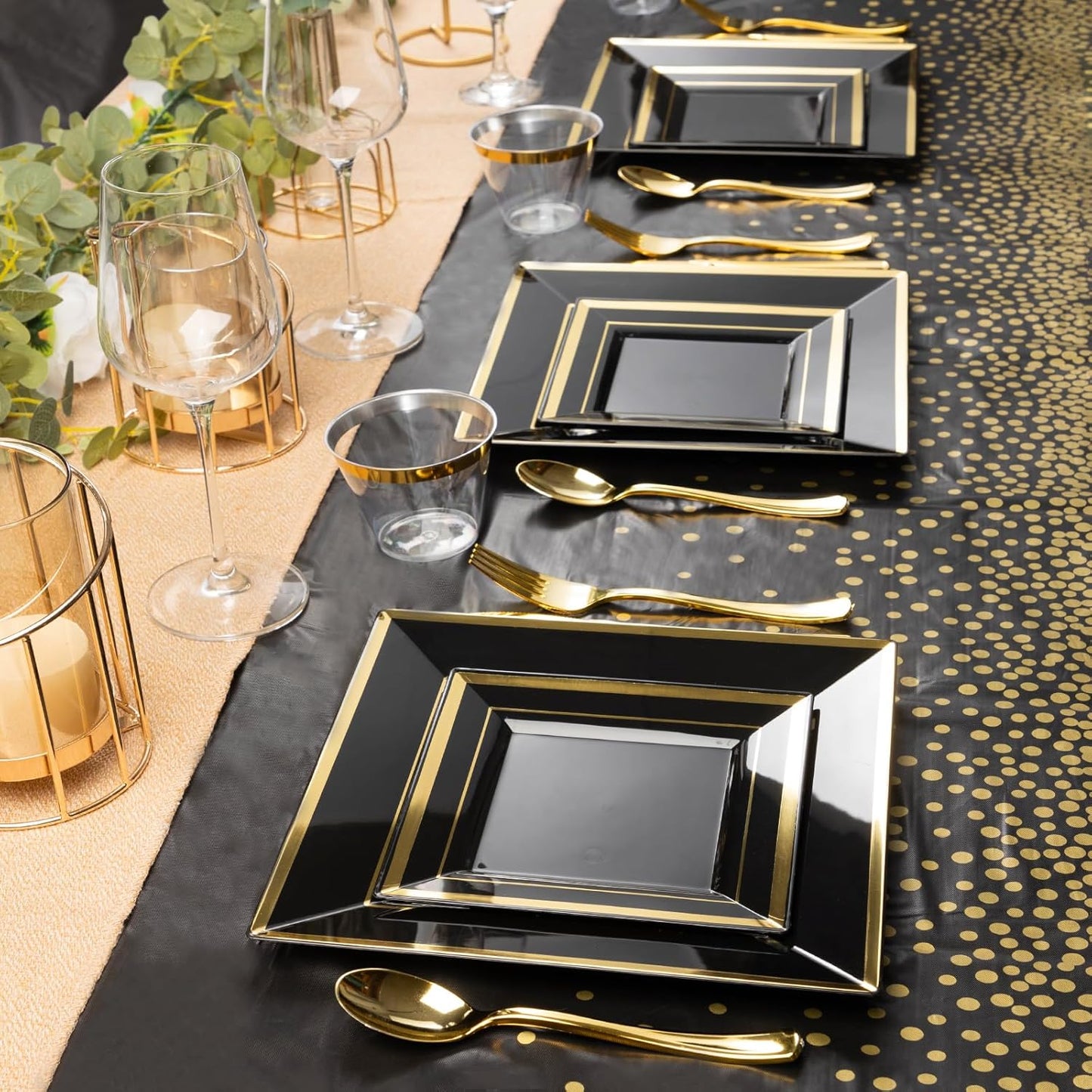 Goodluck 352 Piece Black Dinnerware Set for 50 Guests, Black Square Plastic Plates with Gold Trim, Include: 100 Plastic Plates, 50 Rolled Napkins, 50 Cups, 50 Cutlery Set and 2 Tablecloth