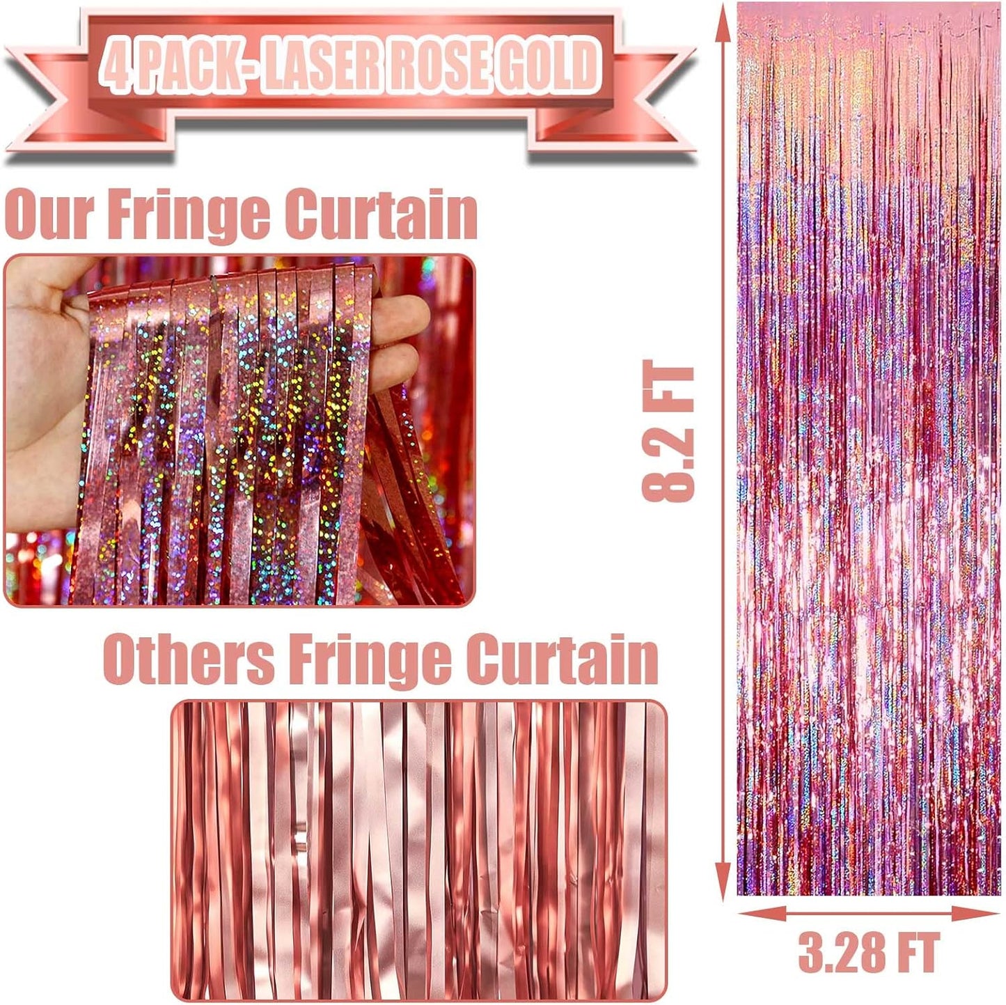 4 Pack Rose Gold Tinsel Foil Fringe Curtain Backdrop, 3.28Ft x 8.2Ft Metallic Streamers for Photo Booth Wedding Bridal Shower Bachelorette Birthday Halloween Christmas Party Decoration