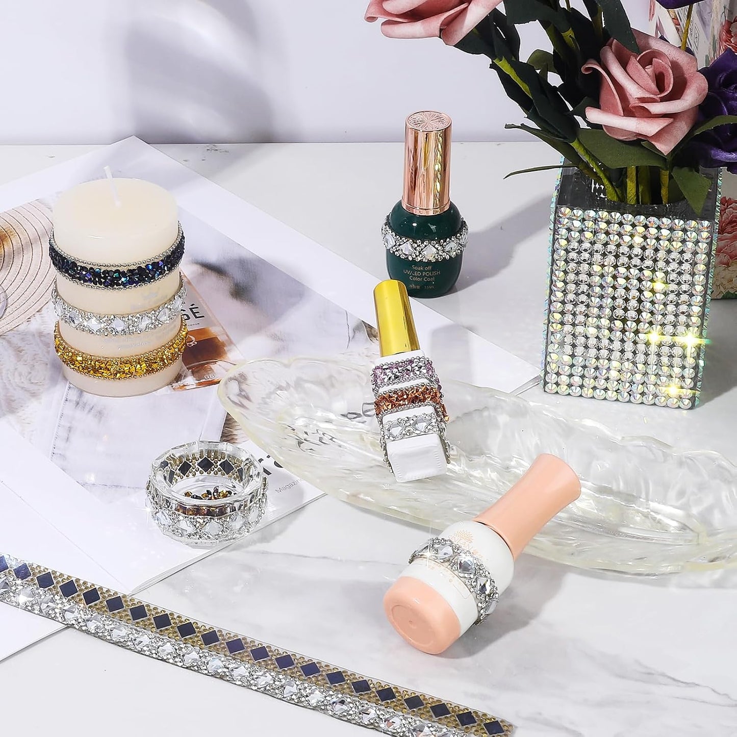 Rhinestone Ribbon 3 Yards Self Adhesive Rhinestone Strips Diamond Ribbon Sticker Crystal Roll Glitter Bling Rhinestones Tape for Crafting DIY Art Decoration (Clear,0.4 Inch)