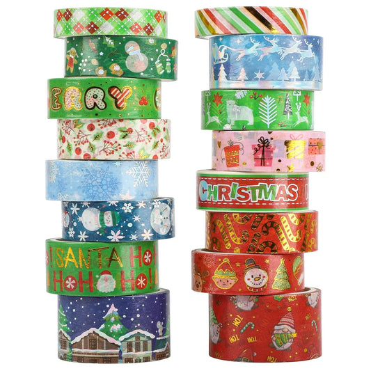 16 Rolls Christmas Washi Tape Holiday Masking Tape Red Green Christmas Wrapping Tape Glod Silver Foil Decorative Tape for Christmas Scrapbook Journal DIY Craft Gift Wrapping（Xmas