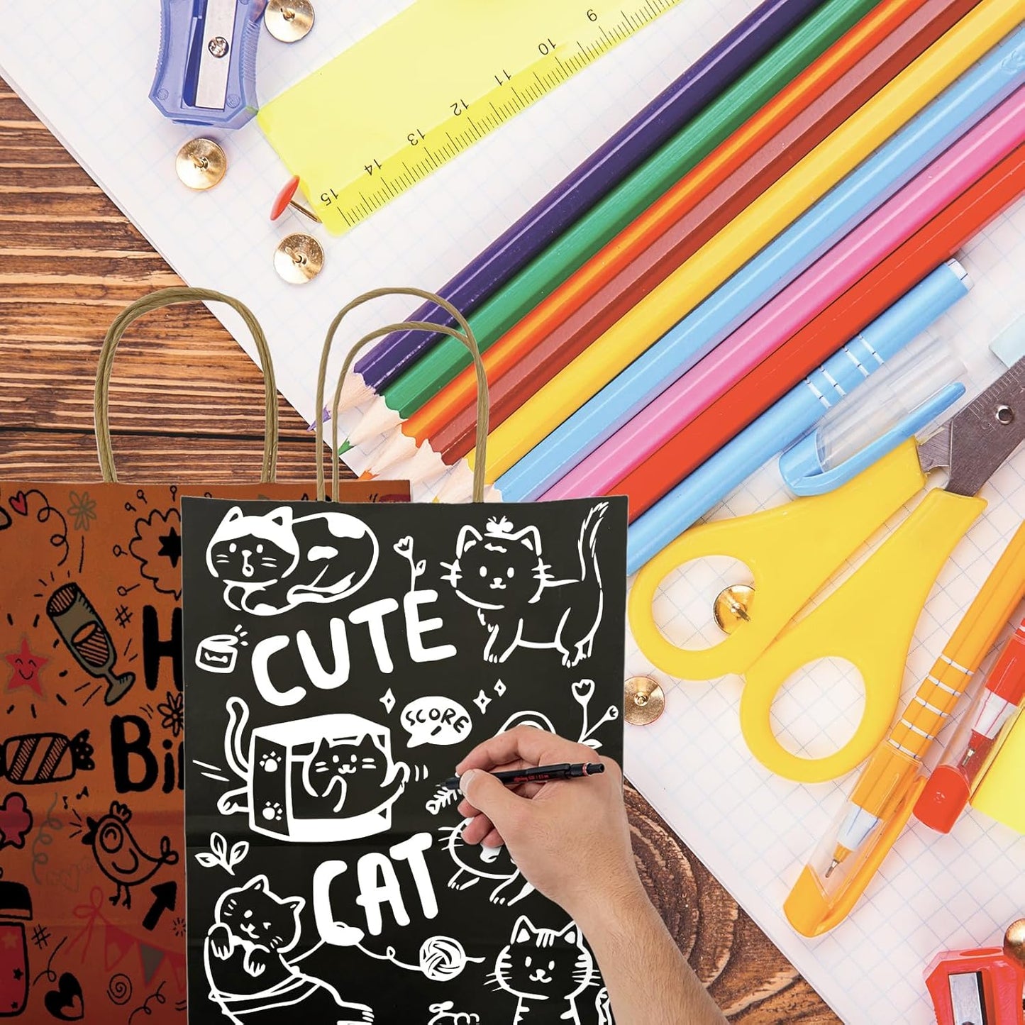 BAG BOX 25 Pack Small 5.9x3.1x8.25 Inch Black Kraft Paper Gift Bags with Handles for Bulk Shopping, Retail, Craft, Party Favors, Wedding, Grocery & Sacks