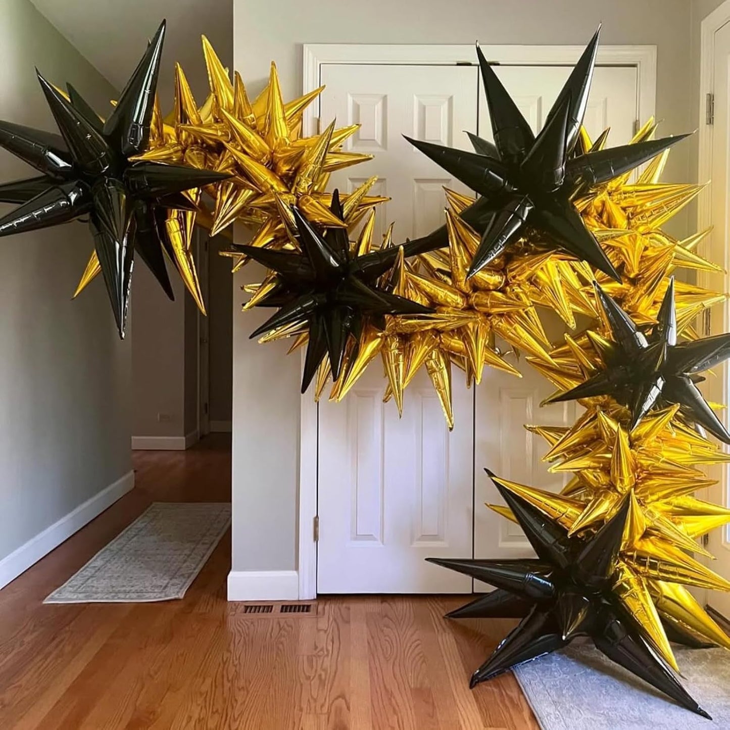 Black Gold Star Balloons 12pcs, 27/22 Inch Foil Star Explosion Balloons, Large Spike Mylar Cone Balloon, Fireworks Shape Balloon Decor for Retirement Anniversary New Year Wedding