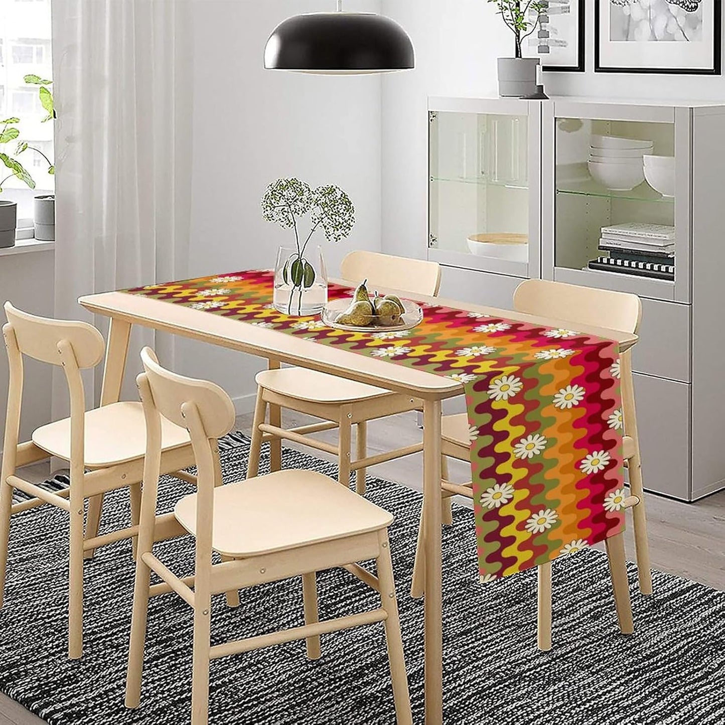 Vintage Floral Table Runner,60s 70s Colorful Retro Abstract Hippie Print Table Runner for Kitchen Dining Table Home Party Decoration 13x108 Inch