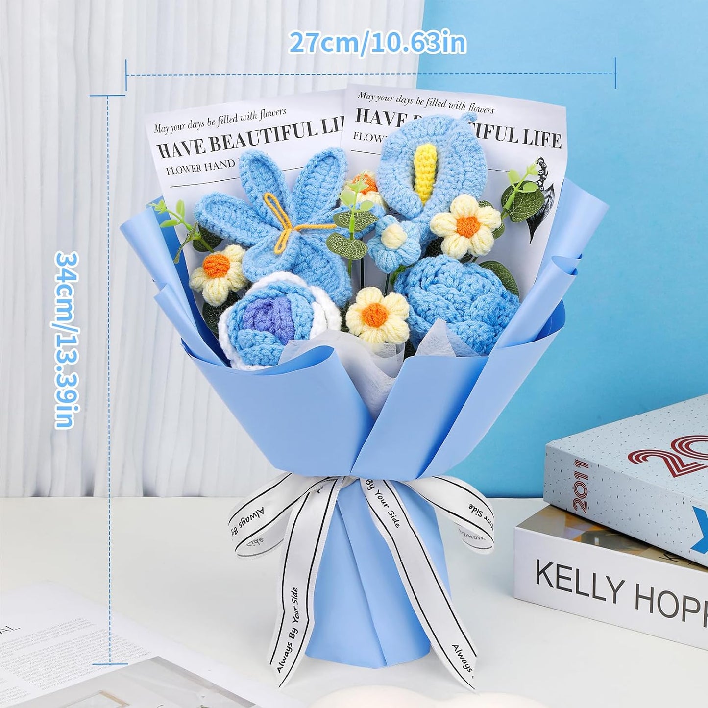Crochet Flowers Bouquet, Handmade Crochet Flowers Knitted Bouquet, Tulips Flower Bouquet and Calla Lily for Birthday, Teacher’s Day, Graduation, Valentines (Blue)