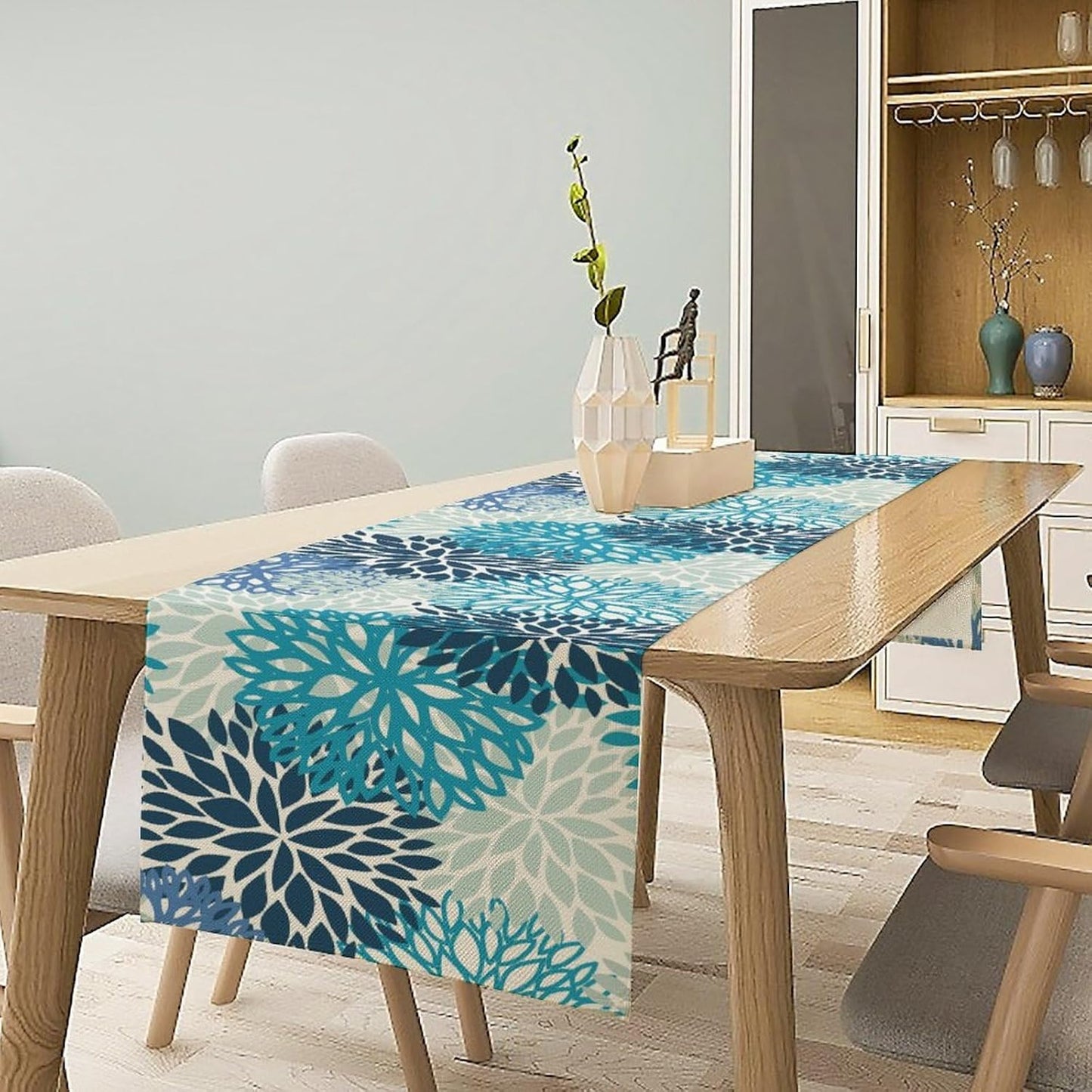 Floral Table Runner,Blue Flowers Print Spring Summer Table Cloth Kitchen Dining Table Home Party Decoration 13x90 Inch