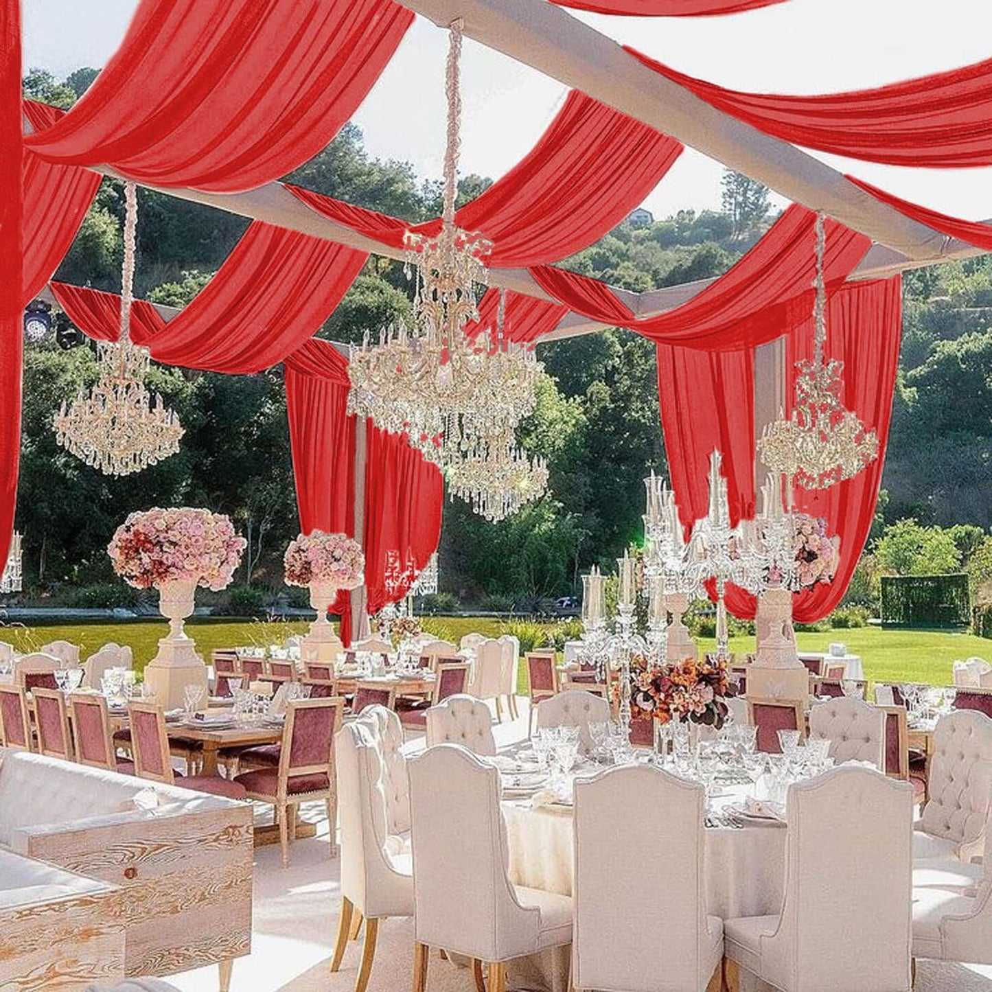 MODFUNS Red Ceiling Drapes for Weddings 5x30ft 6 Panels Chiffon Ceiling Curtain Sheer Fabric for Draping Tulle Arch Drapery Fabric Semi Sheer Backdrop Curtains for Ceremony Hall Ceiling Decor