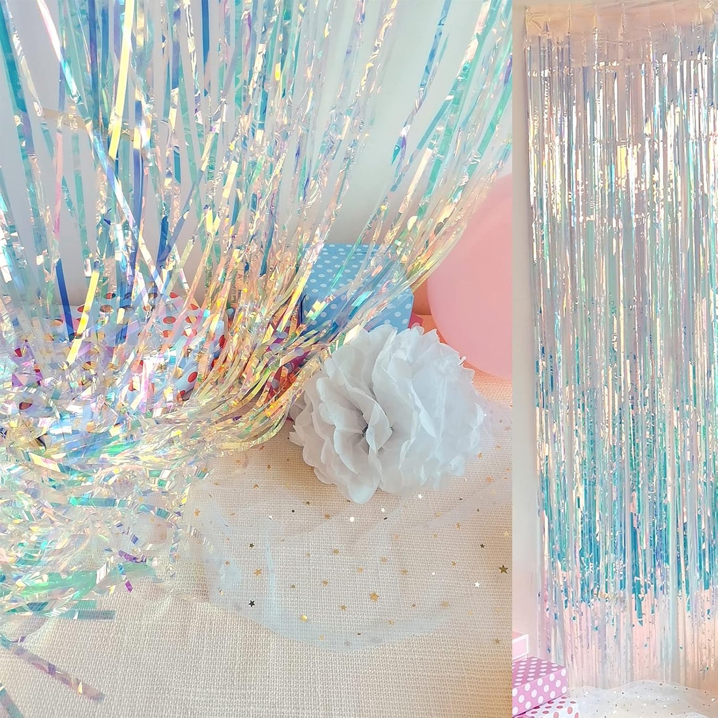 CHRORINE 2pcs 1m x 2.5m Rainbow Curtains Tinsel Foil Fringe Curtain Streamers Backdrop for Princess Unicorn Mermaid Pastel Rainbow Birthday Party Decorations Christmas Door Curtains Decorations