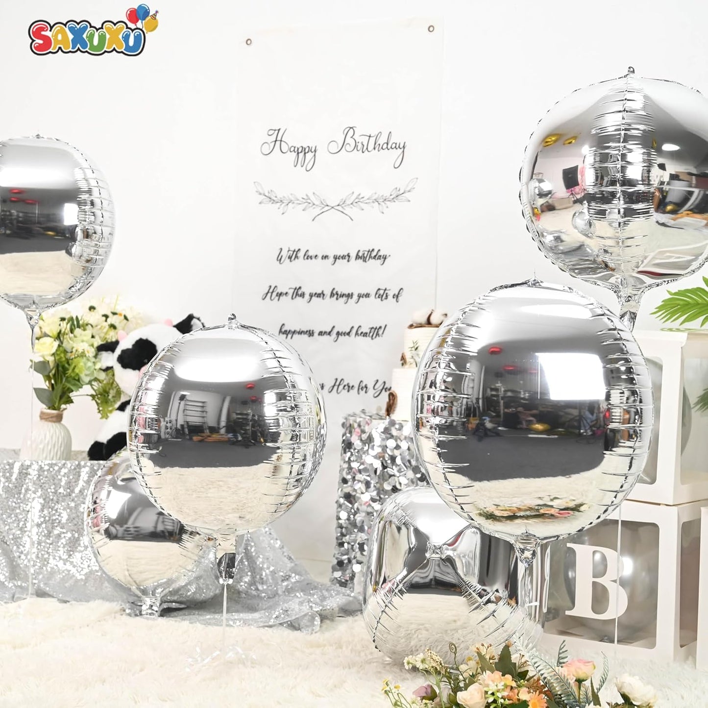 Giant 4D Foil Balloons, 6Pcs Large Metallic Silver Round Balloons, 22 Inch Big Round Foil Balloon for Silver Birthday Party Baby Shower Wedding Decorations