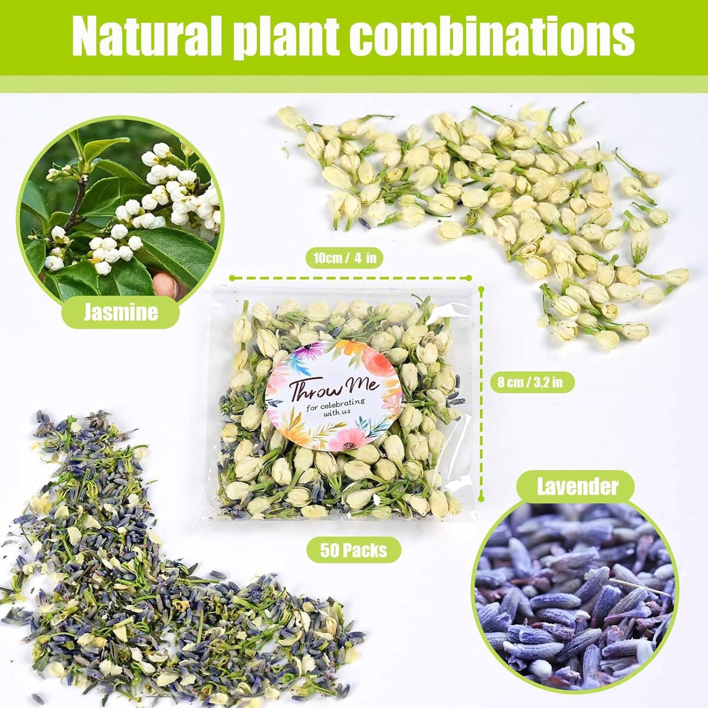 Oning 50 Pack Biodegradable Real Flower Petals Confetti, Wedding Flower Confetti with Jasmine & Lavender Petals for Flower Girls to Throw Making Handmade Candle Sachets, Bridal Shower Decor