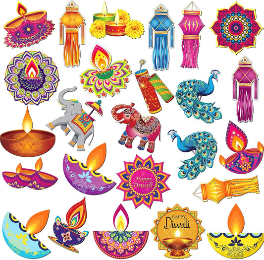 Xuhal 25 Pcs Happy Diwali Magnets Decoration Colorful Elephants Lanterns Oil Lamps Peacock Decorative Fridge Magnetic Stickers for Mailbox Car Metal Garage Door Decoration