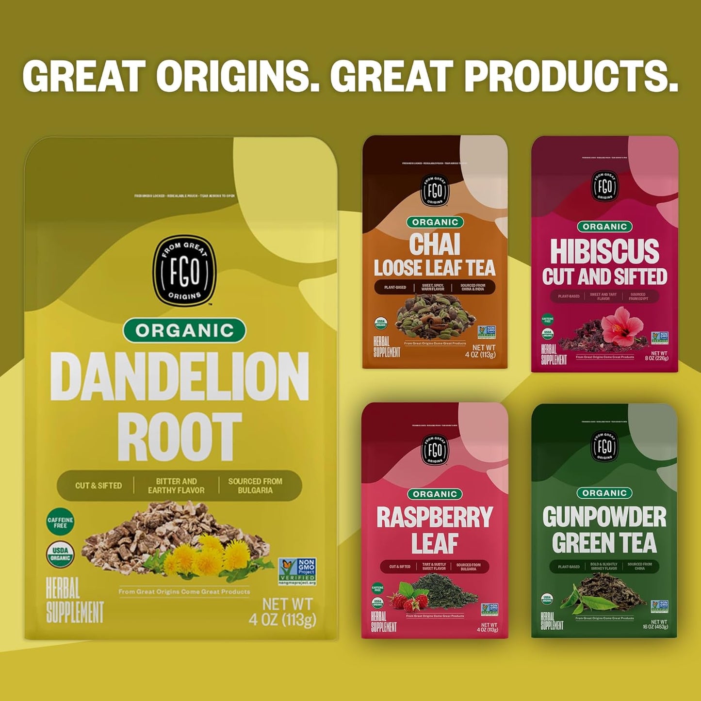 FGO Organic Dandelion Root Loose Tea, Cut and Sifted, Caffeine Free, 16oz Bulk Resealable Bag, Packaging May Vary (Pack of 1)