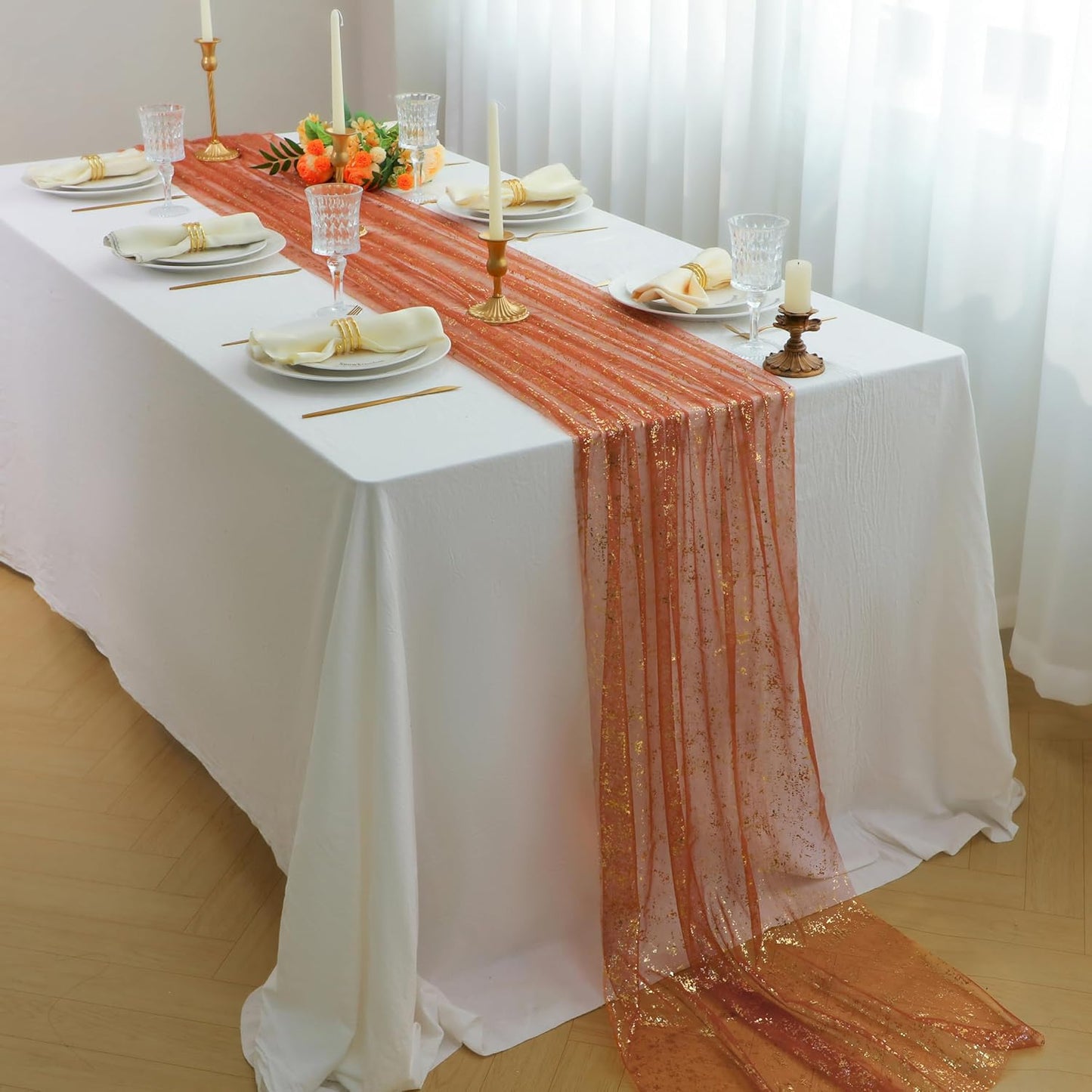 Snowkingdom 10 FT Fall Thanksgiving Table Runner Terracotta Gold Table Runner Burnt Orange Rust Sheer Chiffon Gauze Cheesecloth Golden Sequin Metallic Boho Table Decorations for Wedding Birthday