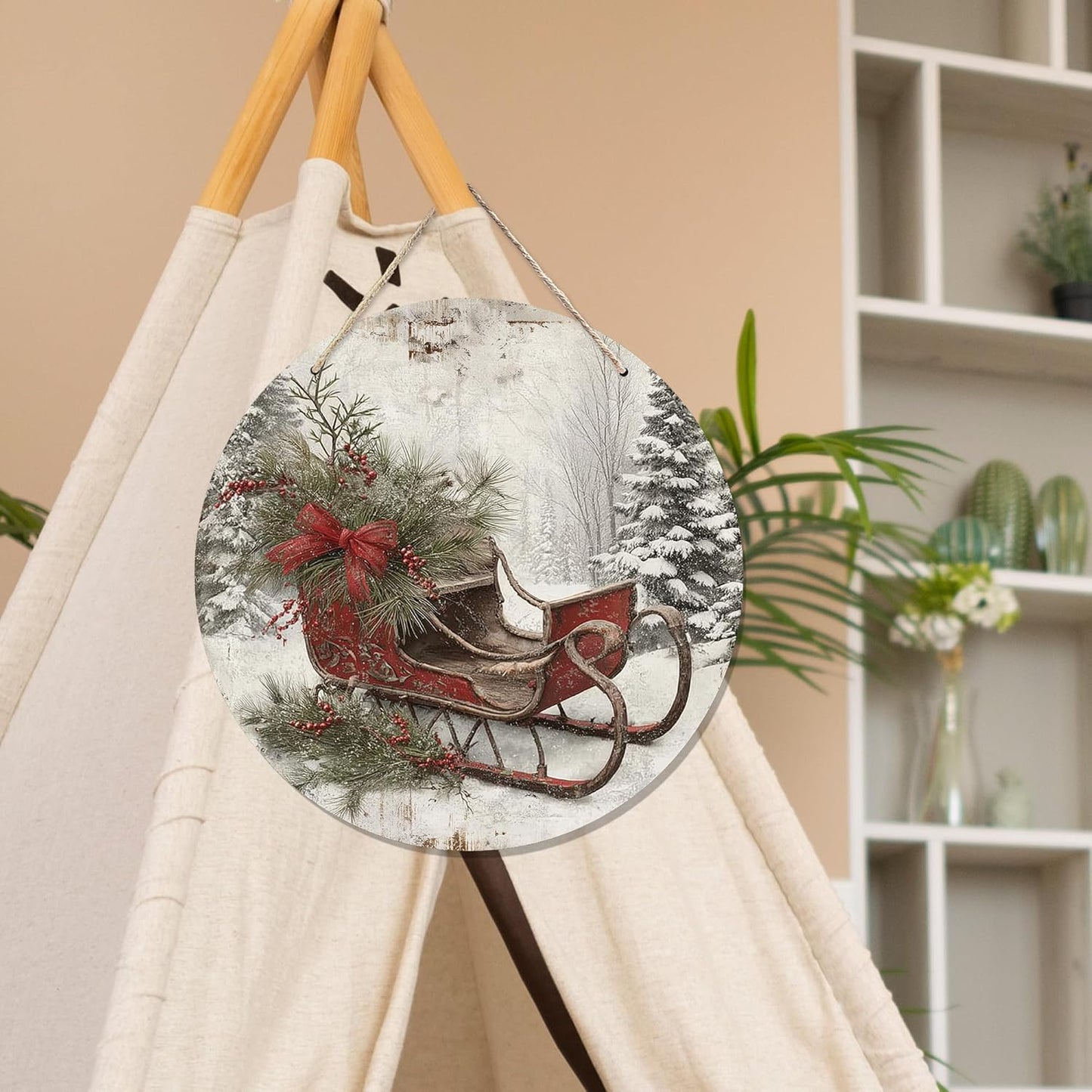 CGBHW Christmas Winter Sleigh Wooden Sign, Vintage Farmhouse Country Cozy Winter Xmas Hanging Sign Wall Decor for Home Bedroom Living Room, Holiday Snowy Door Decor 12 x 6 Inch