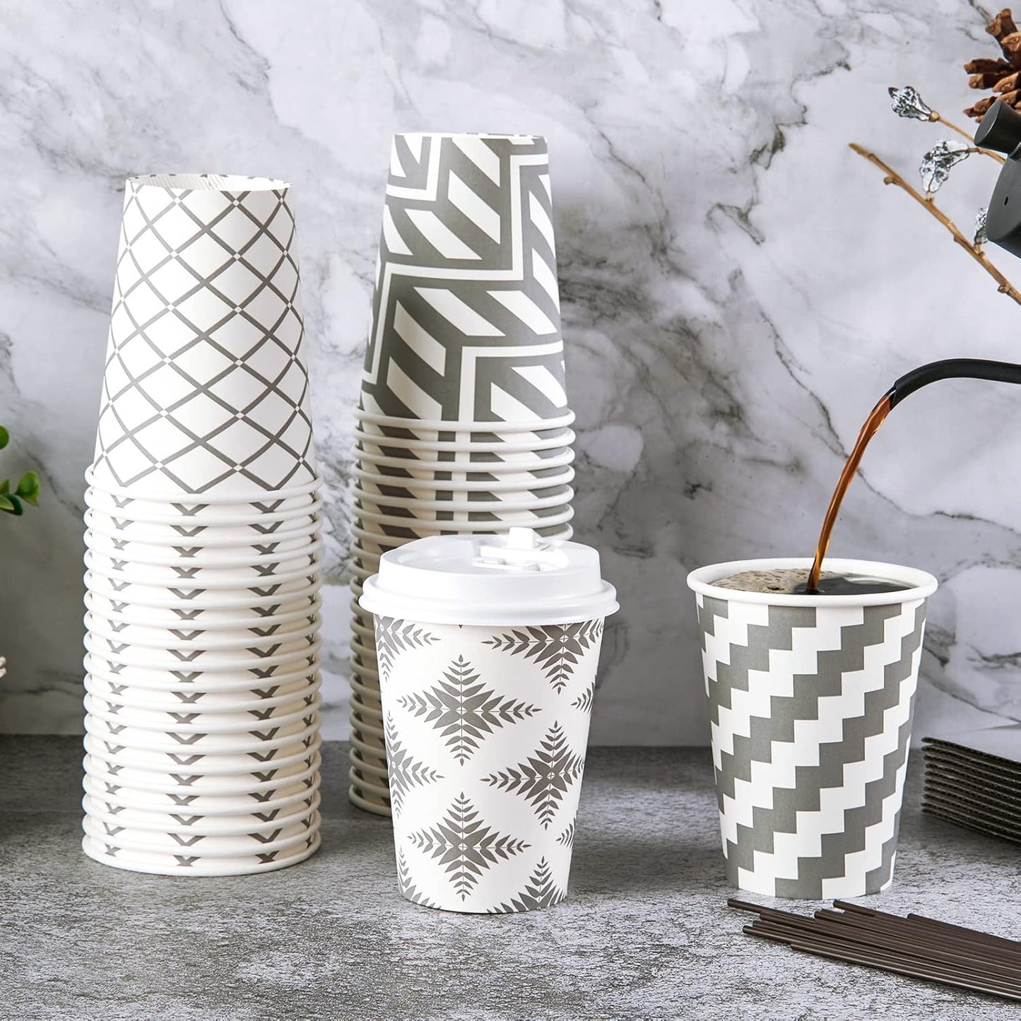 LITOPAK 100 Pack 12 oz Paper Coffee Cups with Lid, Sleeve, and Straws, Four Designs of Disposable Hot Coffee Cups for Home, Stores, and Cafes