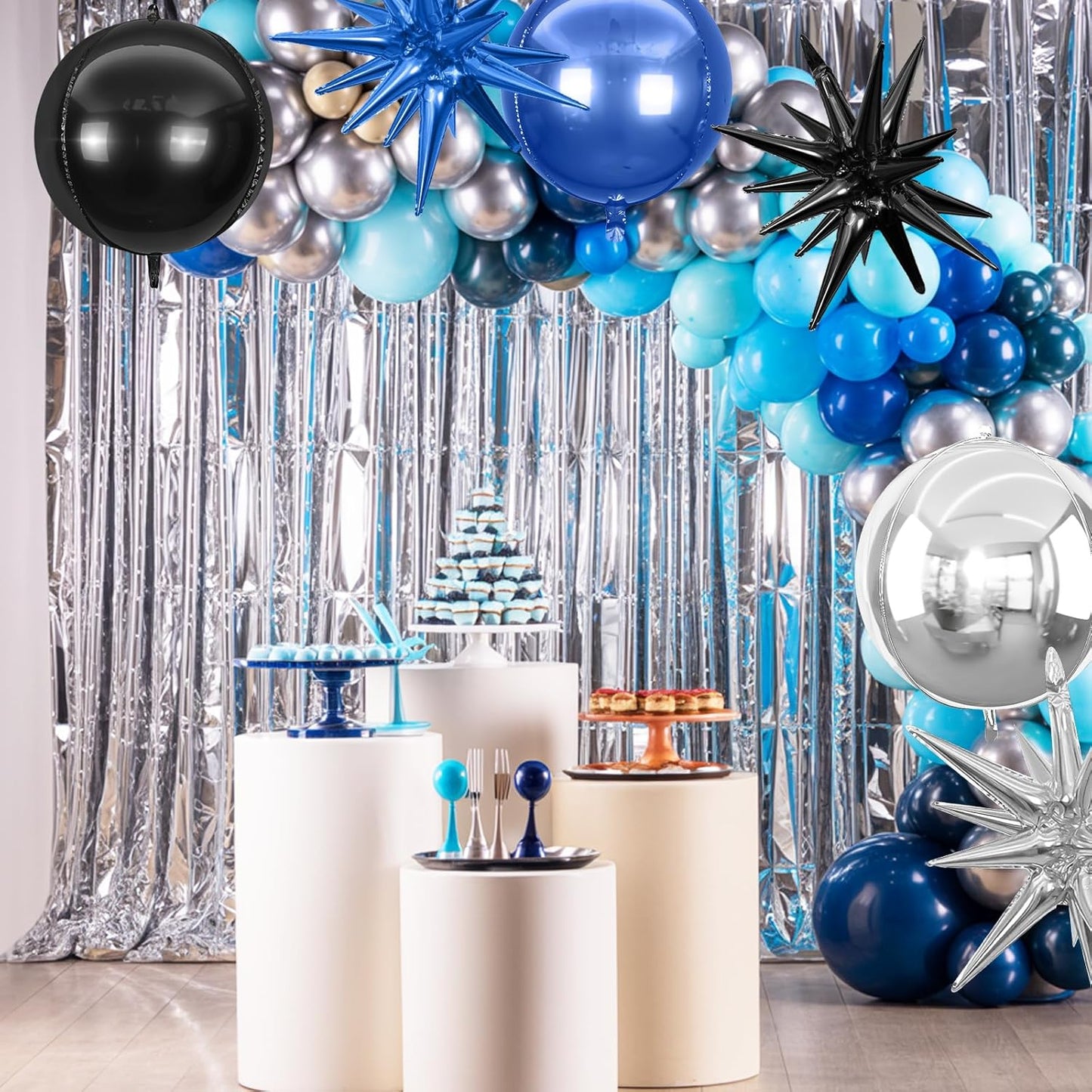 6Pcs Black Blue Silver Foil Balloons,22Inch Black Blue 4D Round Ball Balloon and Explosion Star Balloon for Birthday Wedding Baby Shower Prom Party Anniversary Decorations
