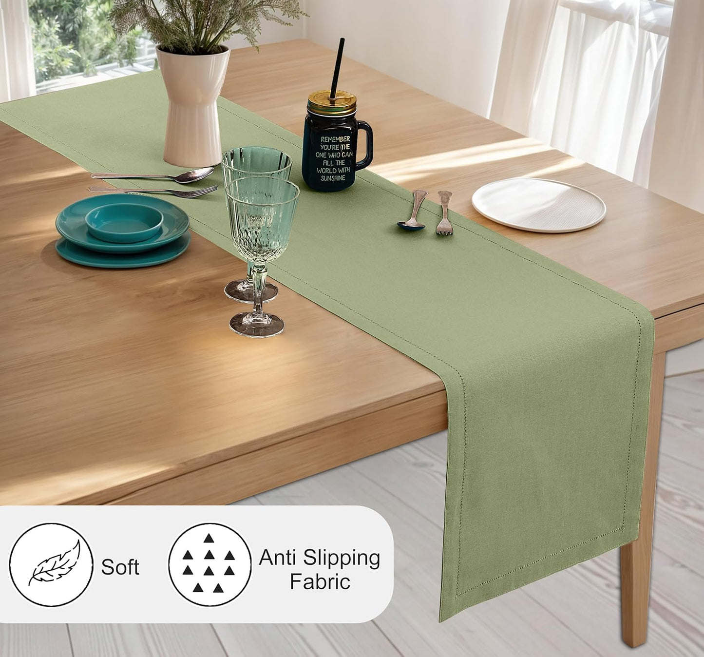 Ruvanti Linen Table Runner 72 Inches, Classic Hemstitch, Washable, Reusable, Non-Slipping, Stain Resistant- Perfect for Parties, Weddings, Dinners, Thanksgiving, Christmas, Indoor use – Olive