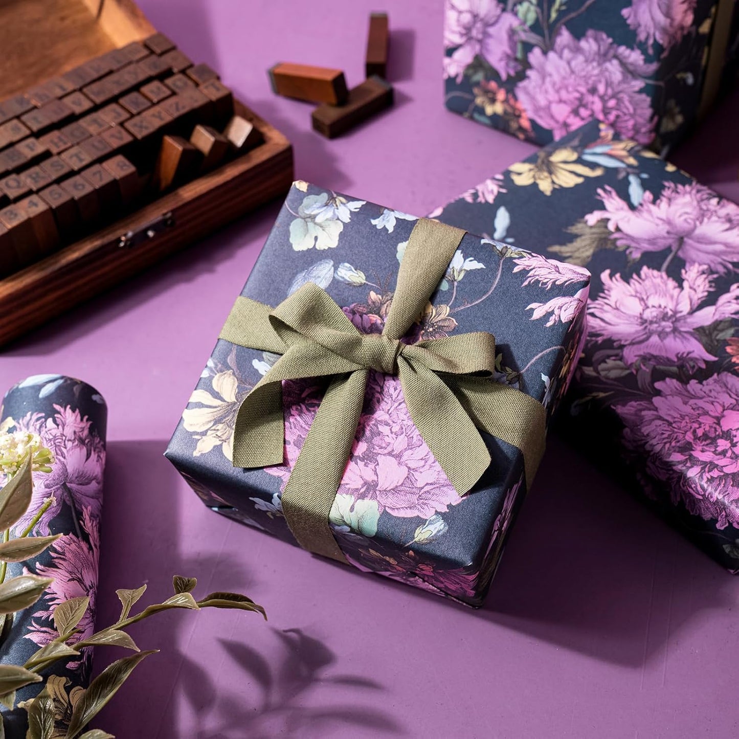 WRAPAHOLIC Kraft Floral Wrapping Paper Roll - Mini Roll - 17 Inch x 16.5 Feet - Vintage Flower Wrapping Paper Perfect for Wedding, Birthday, Bridal Shower, Tea Party