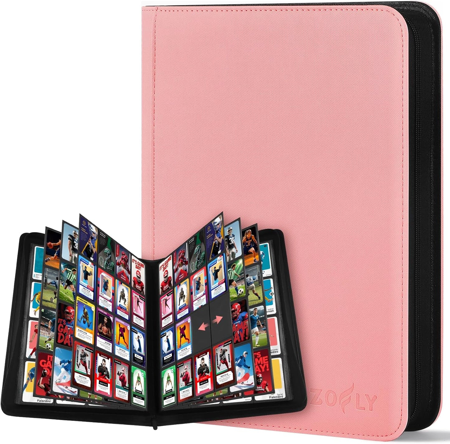 Card Binder 16 Pocket, Zipper Trading Card Binder Holds 1024 Cards, Double-sided Side Loading Card Storage Album, Ringless Card Protector, Card Collection Binder for TCG, MTG, Game Sport Card, Pink
