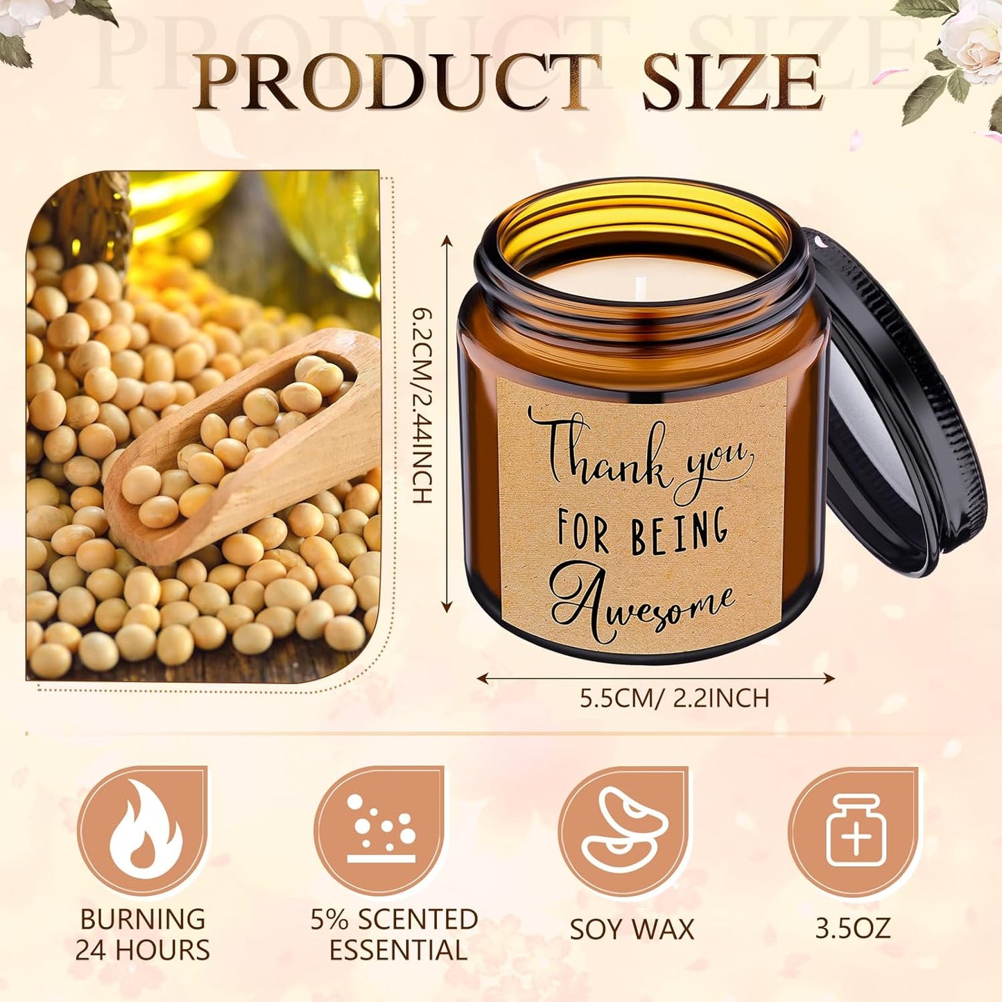 MTLEE 20 Pcs Thank You Gifts Candles 3.5 oz Employee Appreciation Inspirational Scented Soy Wax Candle Thank You Gift Christmas Gifts for Coworker Women Volunteer Teacher(Thank You,Brown)