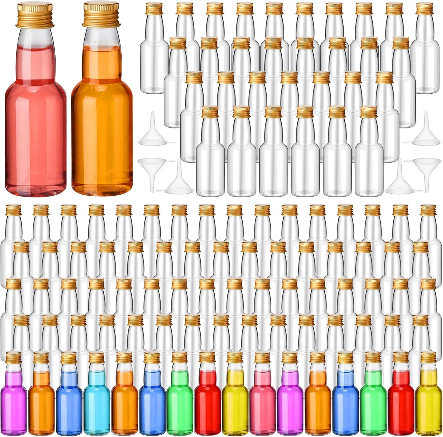 120 Pcs Mini Liquor Bottles Airtight Shot Miniature Empty Plastic Alcohol Spirit Shot Bottles with Funnels for Party Favors, Weddings(2 oz,Gold)