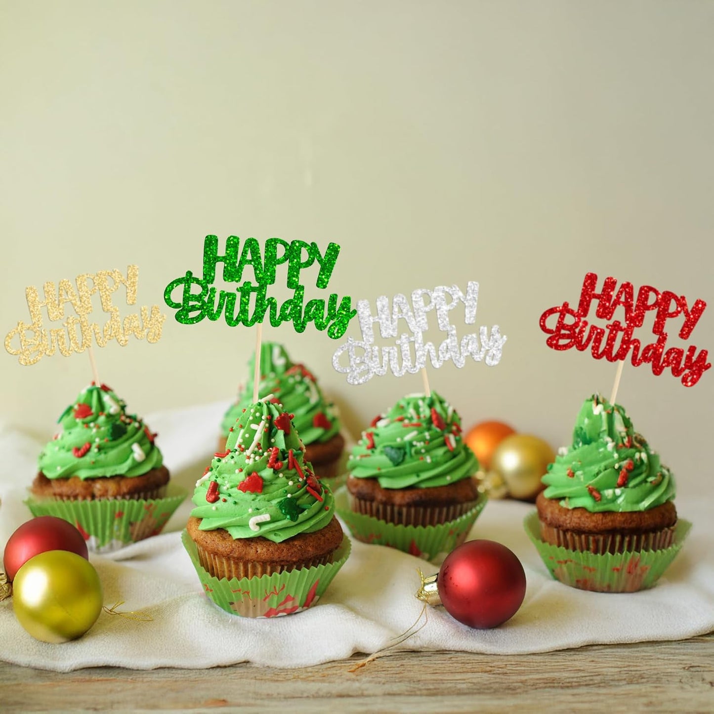 Gyufise 24Pcs Happy Birthday Cupcake Toppers Glitter Birthday Cupcake Food Picks for Celebrating Happy Halloween Theme Party Cake Decorations Supplies Silver Red Green Gold