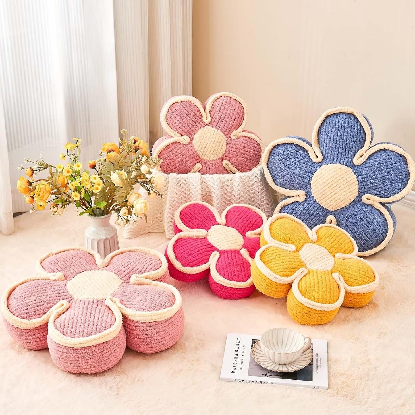 Flower Pillow, Soft Shaped Floor Cushion, Decorative Throw Pillow, Cute Seating Cushion, Plush Pillows for Sofa Couch Bed (13.7 Inch, Yellow)