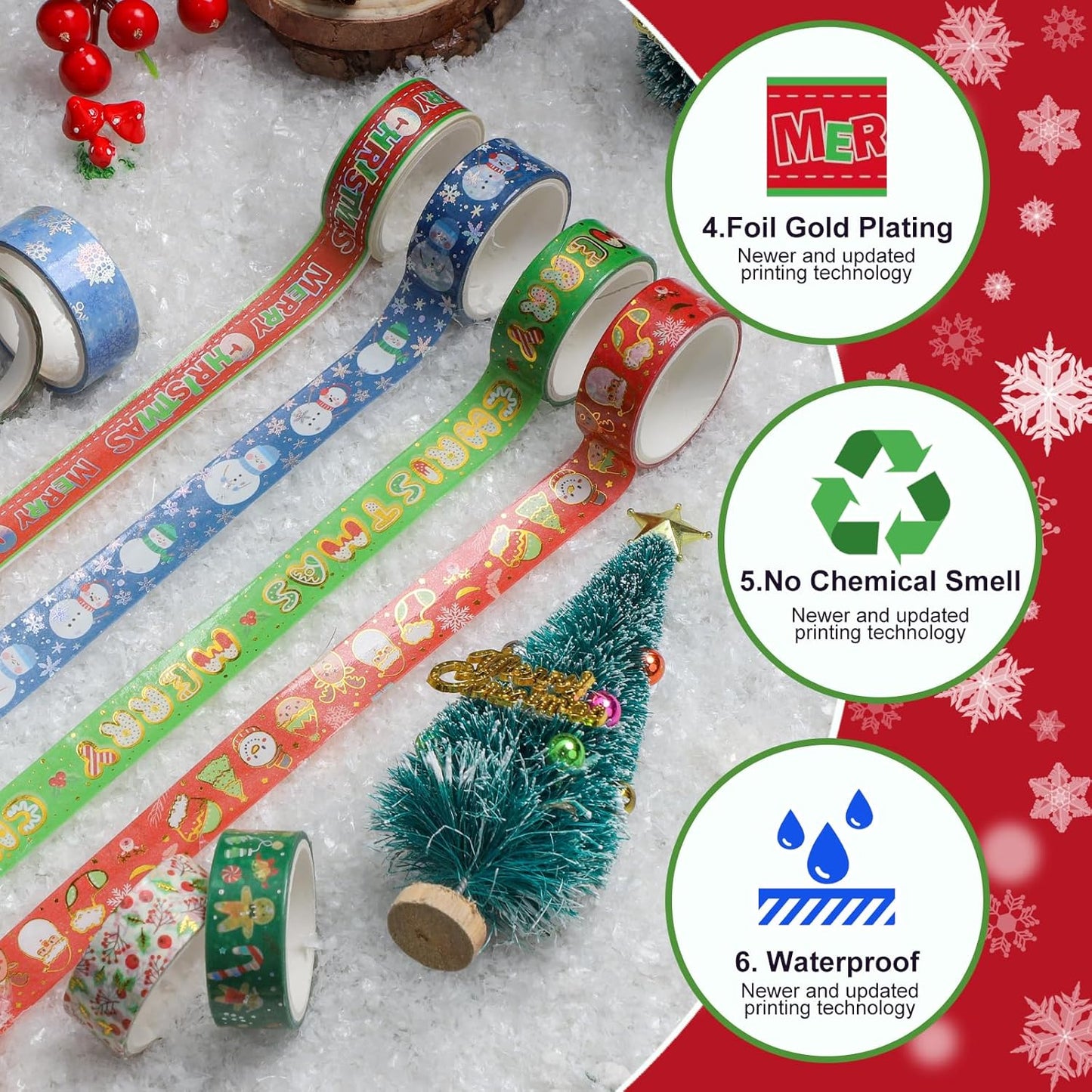 16 Rolls Christmas Washi Tape Holiday Masking Tape Red Green Christmas Wrapping Tape Glod Silver Foil Decorative Tape for Christmas Scrapbook Journal DIY Craft Gift Wrapping（Xmas