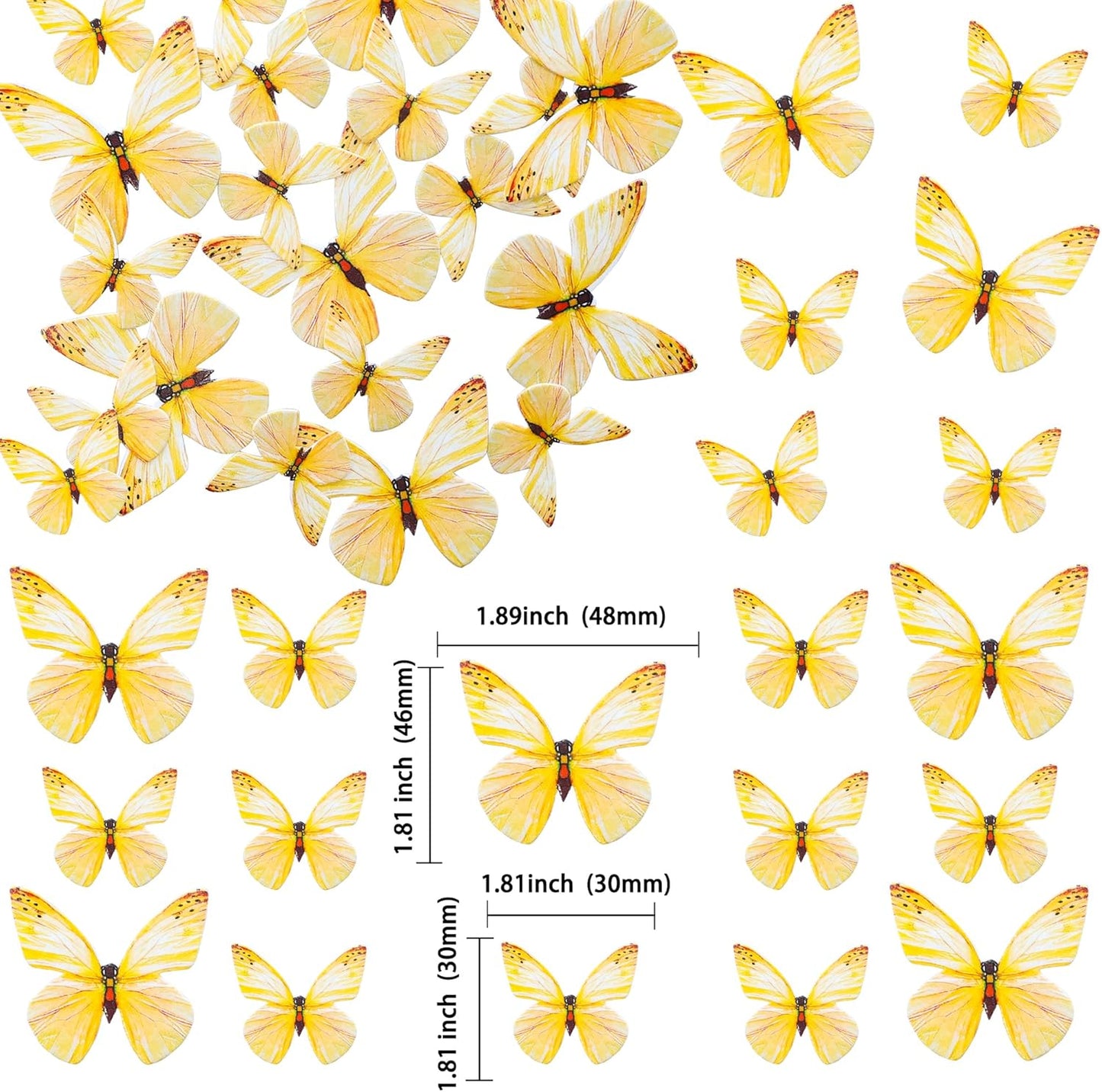 Ephlyn 72Pcs Edible 3D Realistic Cupcake Toppers - Cute Butterfly Cake Picks for Baby Shower, Boys Girls Birthday Party Decorations - Yellow