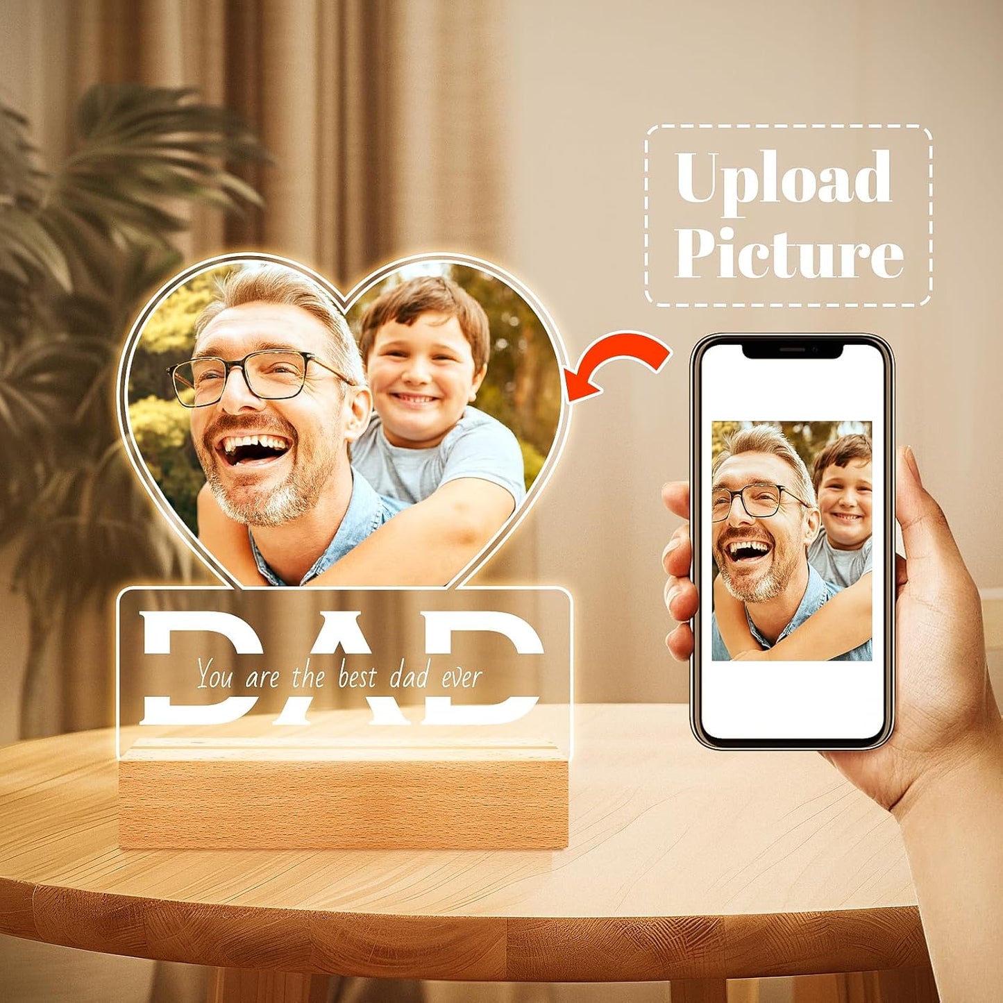 Personalized Photo Gifts for Dad from Daughter and Son, Personalized Picture Frame with Night Light, Custom Acrylic Plaque Photo Frame, Customized Dad Birthday Gifts for Baby Kids Family