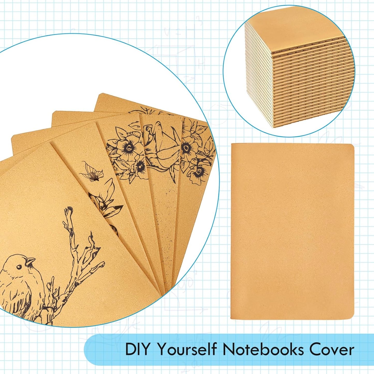 100 Pack Notebooks Bulk, Journaling Kraft Notebooks 5.5 x 8.3 A5 Softcover Notebook for Travelers Students Office Writing Sketch Travel Journal Notepad with 72 Pages 36 Sheets (Brown-Unlined)