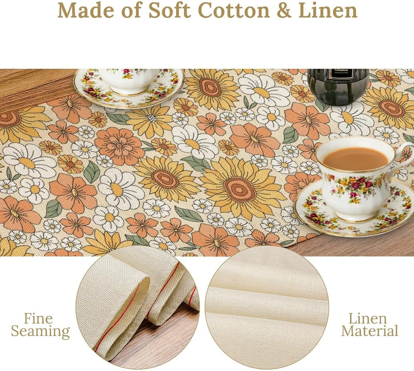 Vintage Floral Table Runner,Boho 70s Style Retro Daisies Flower Table Runner for Kitchen Dining Table Home Party Decoration 13x108 Inch