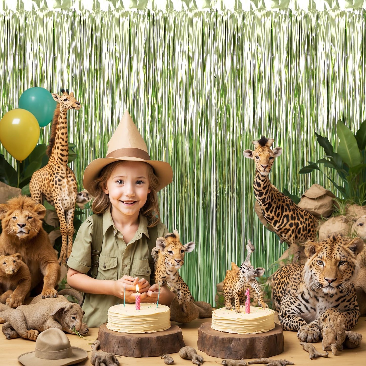 GOER 3.2 ft x 8.2 ft Metallic Tinsel Foil Fringe Curtains,Pack of 2 Party Streamer Backdrop for Birthday,Graduation Decorations and New Year Eve (Sage Green)