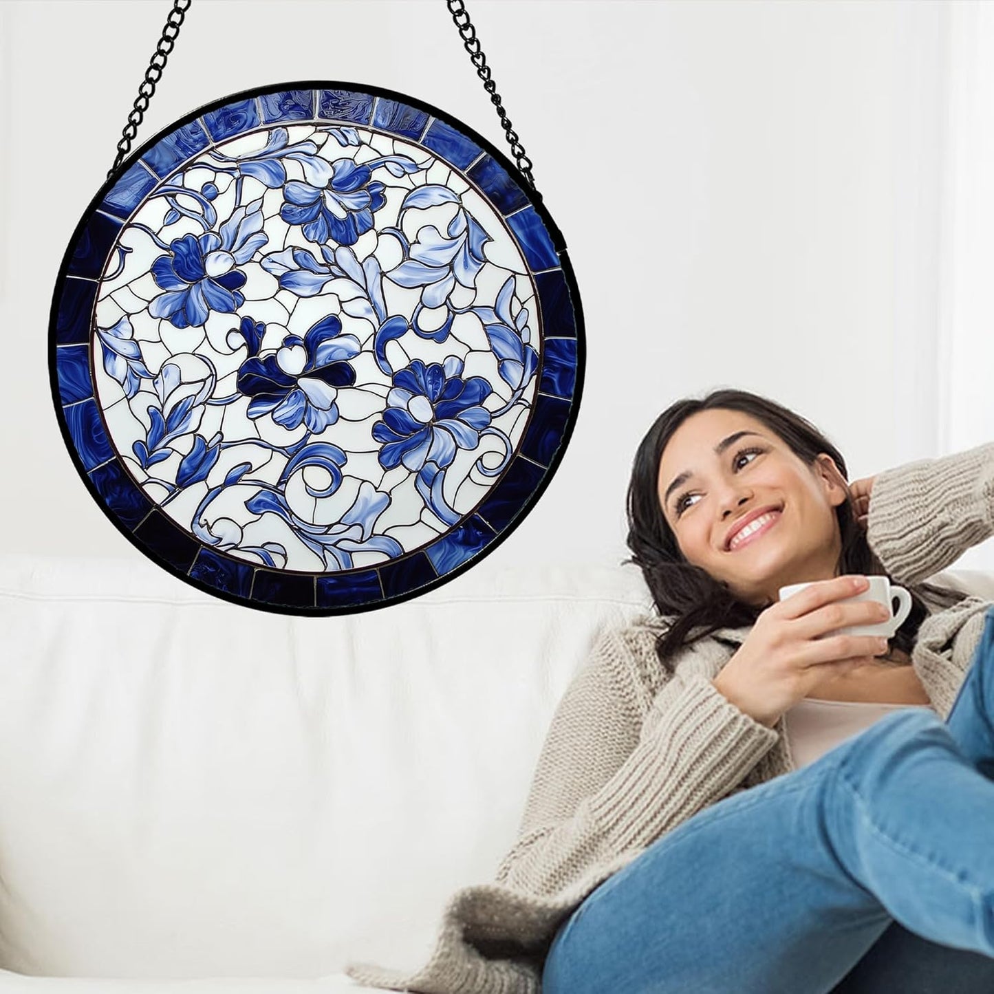 Stained Glass Window Hanging, Blue and White Abstract Flowers Sun Catcher for Door Home Decor Suncatcher Christmas Mother's Day Birthday Gifts for Women Men Mom and Nana 15 in