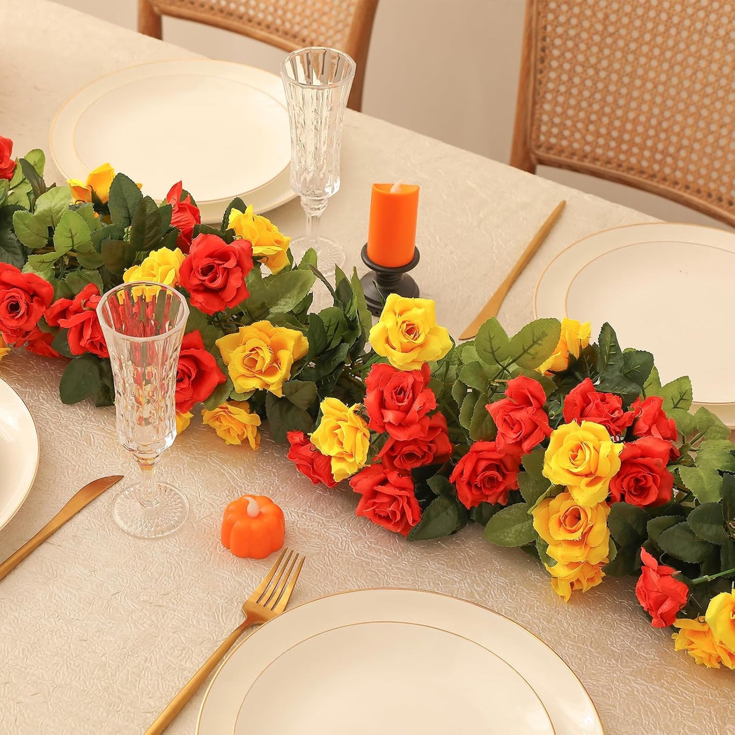 Floweroyal 6 Pack Artificial Flower Garlands 15.8FT Fake Rose Vines Silk Flowers Hanging Rose Ivy for Wedding Arch Party Home Garden Wall Decor (Orange Yellow)