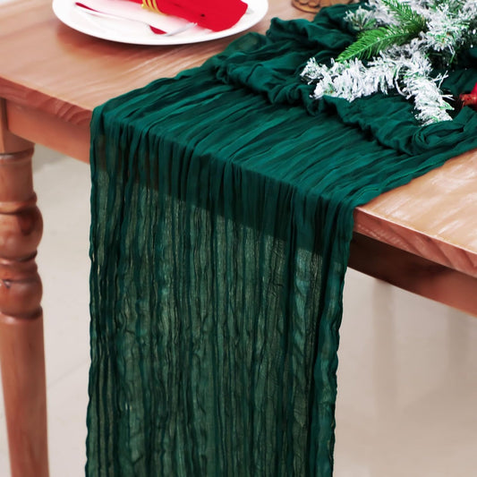 Snowkingdom Emerald Green Table Runner 120 Inch 10 Ft Rustic Boho Dark Green Cheese Cloth Runner for Wedding Bridal Baby Shower Birthday Party Christmas Sheer Gauze Home Table Centerpiece Deocrations