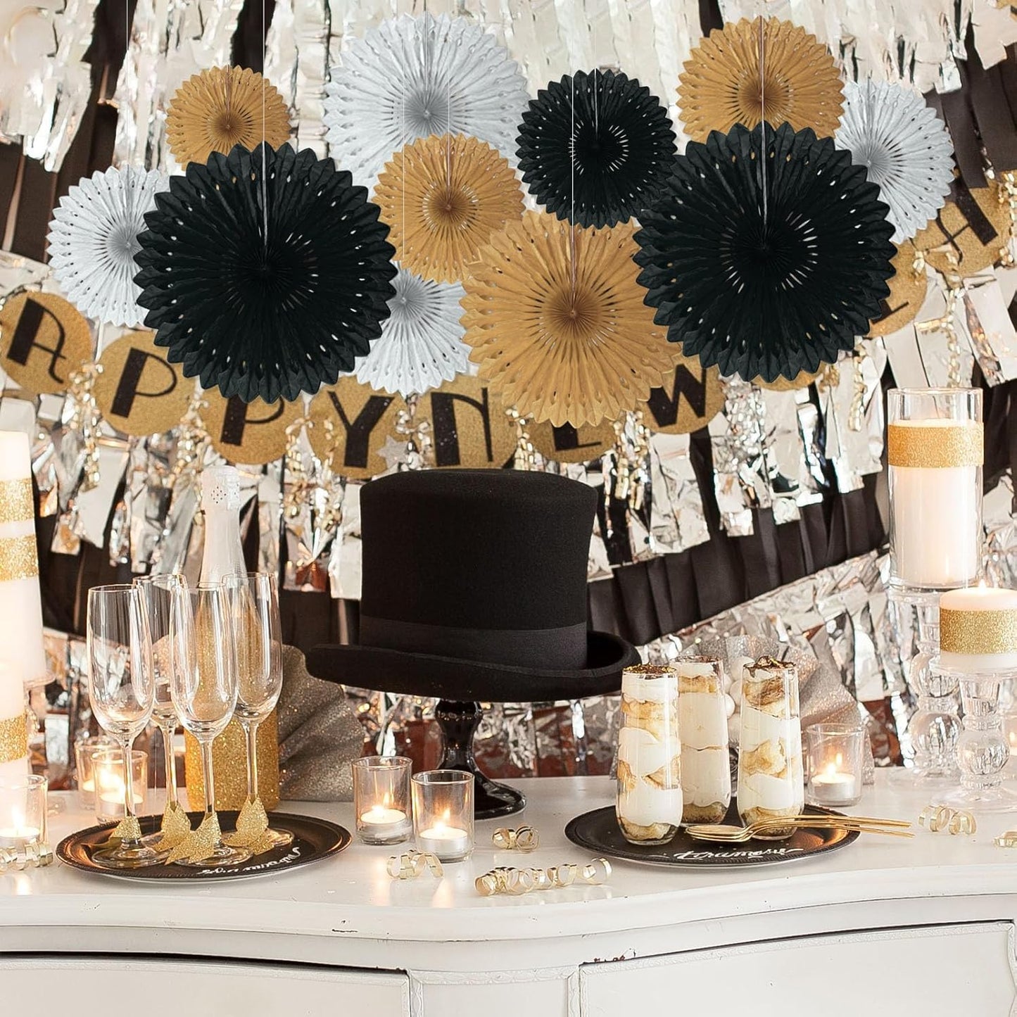 18 Pcs Black Gary Gold Hanging Paper Fan, Hanging Honeycomb Round Paper Fans for Weddings, Birthdays, Christmas, Baby Showers, Classroom, Events Ceiling Party Supplies Decorations