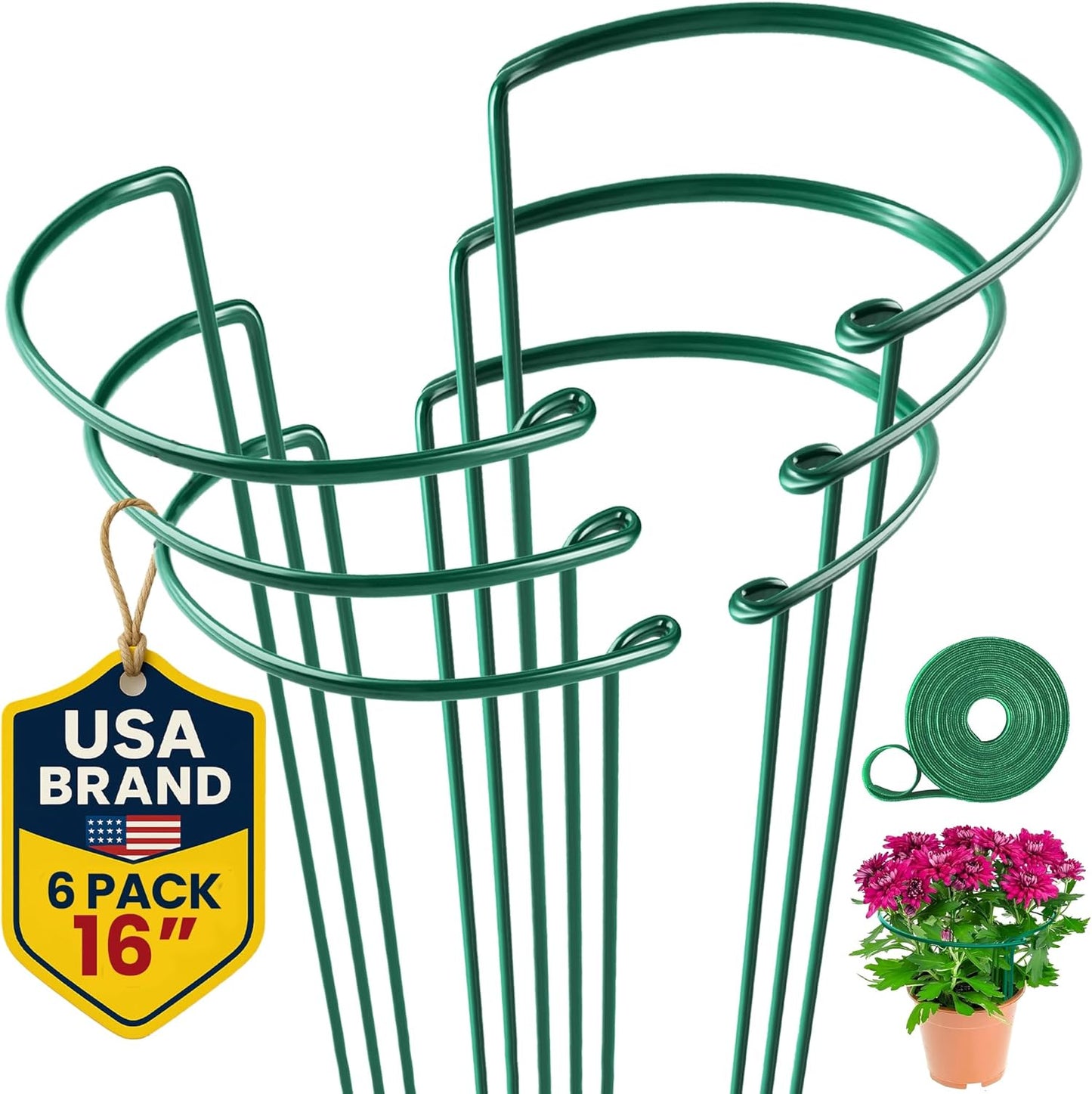 Tall Plant Support Stakes for Indoor and Outdoor - Peony Cages and Supports - Plant Cage Ring for Potted Flower - Peony, Tomato, Hydrangea, Rose Bush 10" W x 16" H (6 Pack)