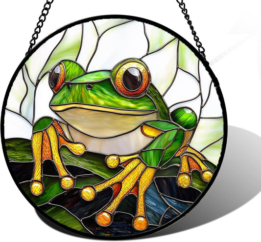 Stained Glass Window Hanging, Green Frog White Petals Sun Catchers Colorful Glass Panel Cute Suncatcher Decor for Birthday for Women, Men, Wife, Aunt, and Mom 6.3 in