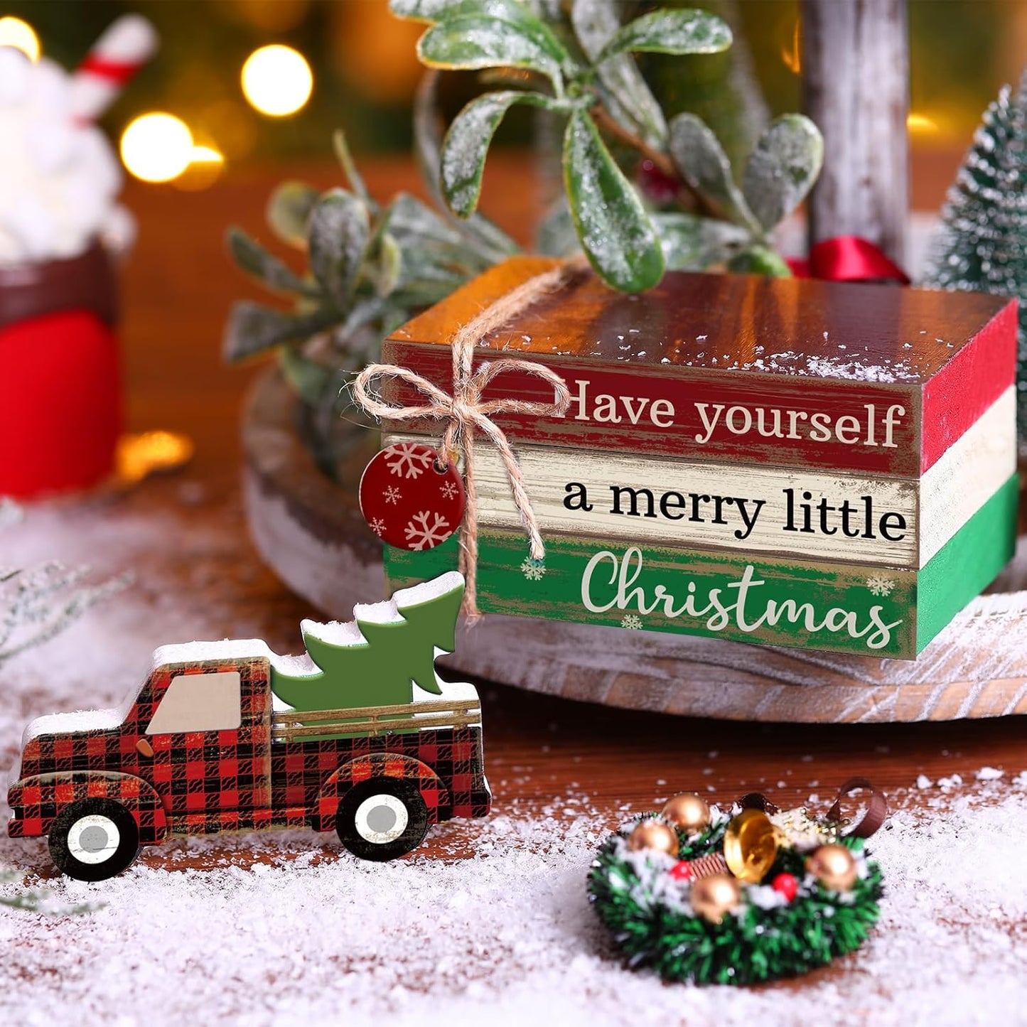 4 Pcs Christmas Table Decor Winter Table Decorations Christmas Tiered Tray Decor Decorative Truck Book Decorations Indoor Rustic Wooden Snowflake Block Sign Gift Farmhouse for Home Shelf