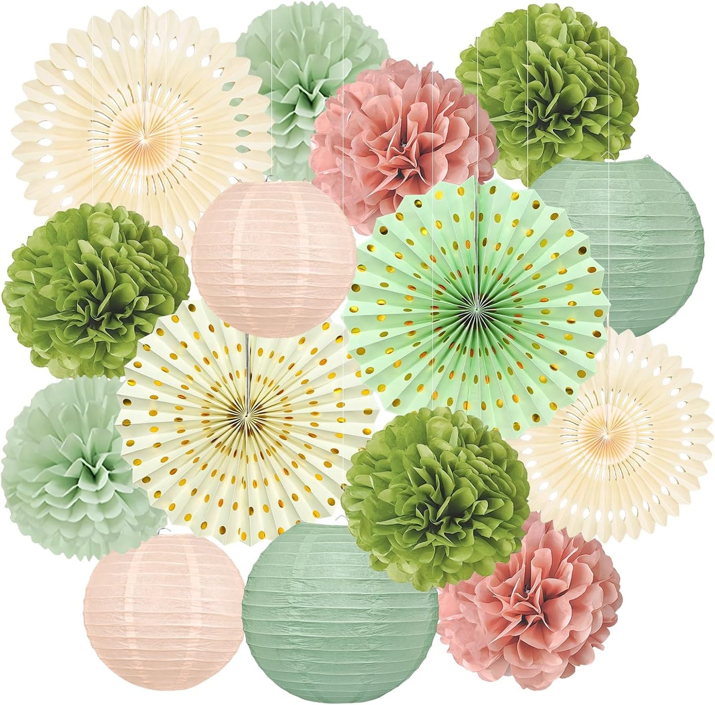 15Pcs Sage Green Party Decorations, Hanging Paper Lanterns Paper Fans Tissue Flower Pom Poms for Women Girls Birthday Wedding Bridal Baby Shower Green and Pink Party Decorations
