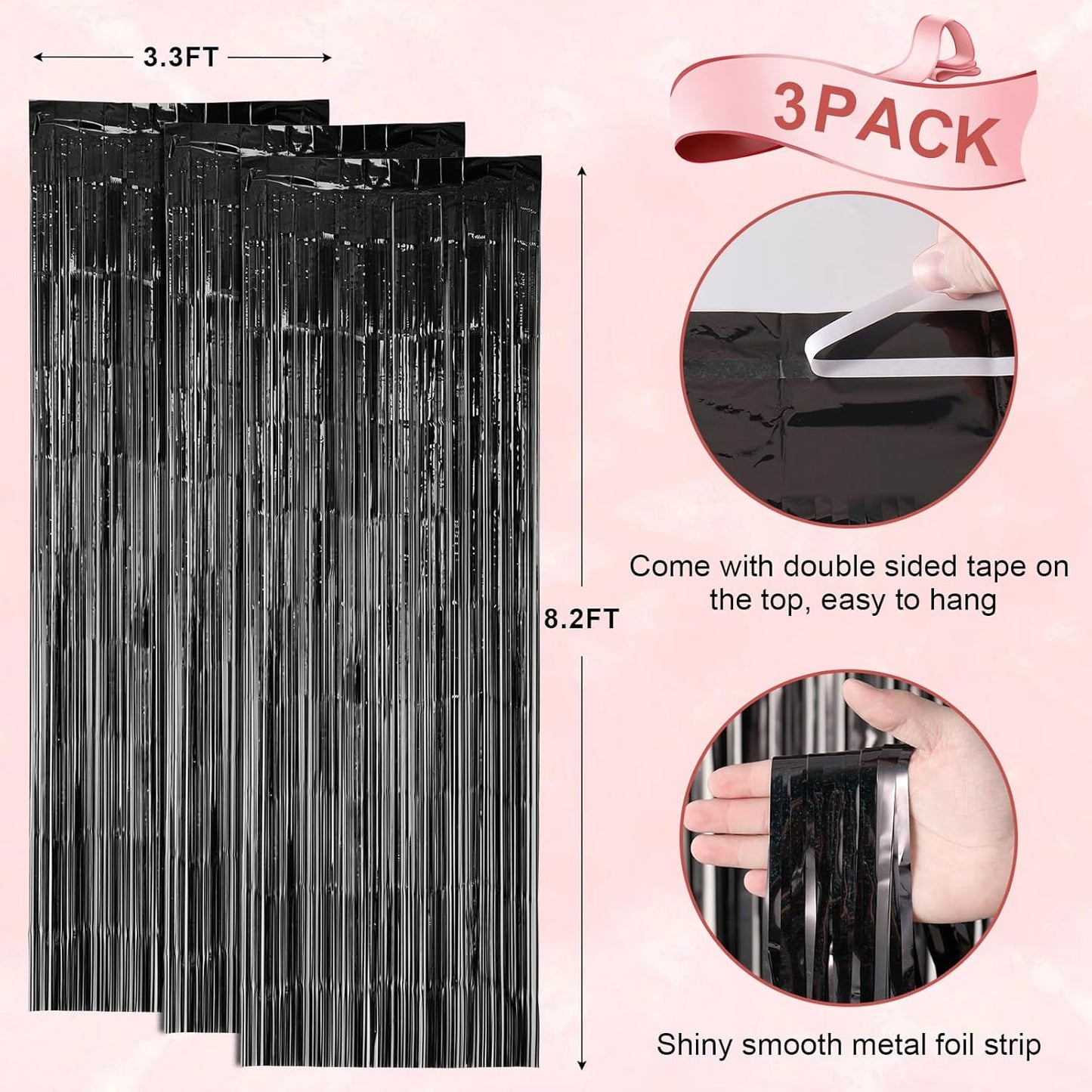 3 Pack 3.3 x 8.2 ft Laser Black Foil Fringe Backdrop Curtains, Tinsel Streamers Birthday Party Decorations, Fringe Backdrop for Graduation, Baby Shower, Gender Reveal, Disco Party