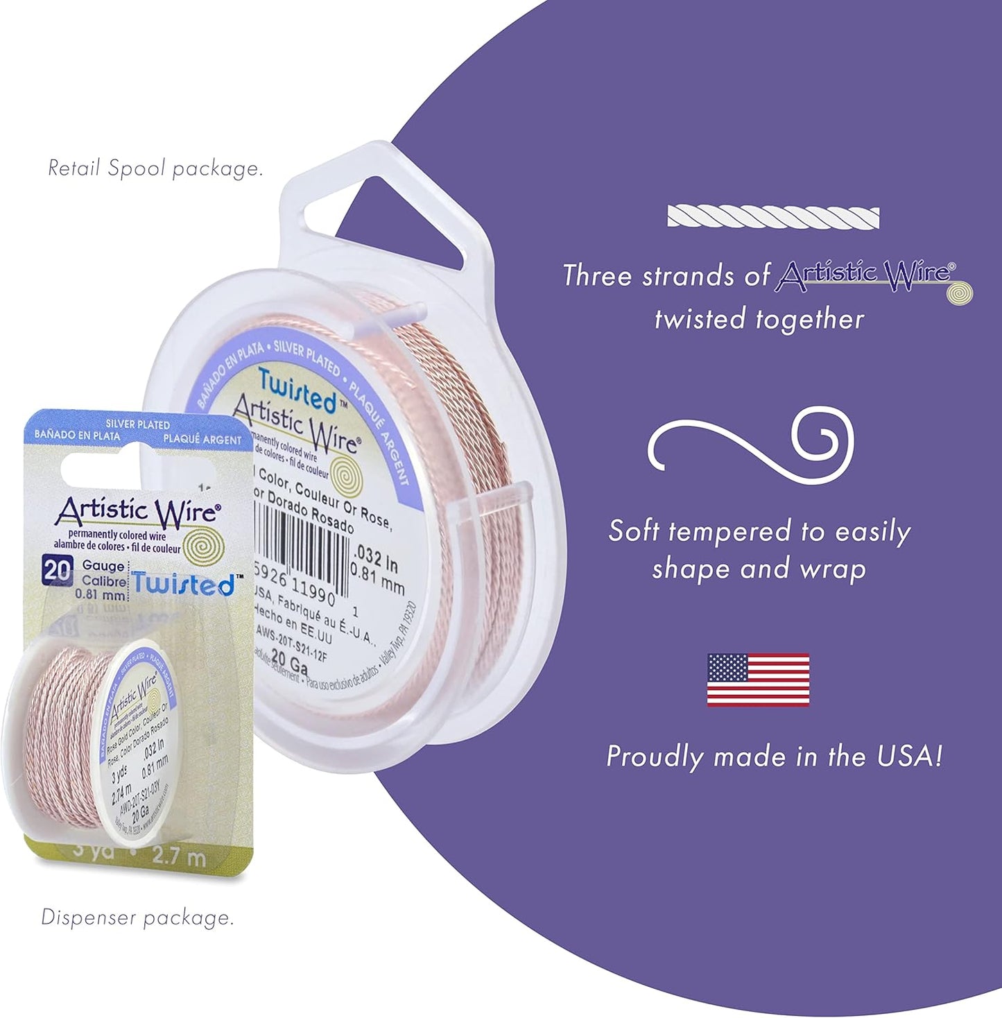 Artistic Wire, 20 Gauge / .81 mm Silver Plated Tarnish Resistant Colored Copper Craft Wire, Round Twist, Silver Plated Rose Gold Color, 3 yd / 2.7 m