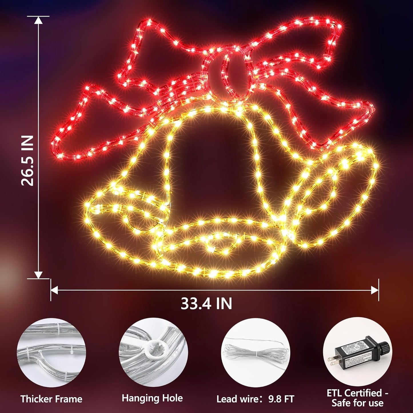 Christmas 33'' Large Bell Lights Decoration - 297LED Outdoor Waterproof Christmas Lights Large Bell Decoration with Timer for Outdoor Home Party Wall Hanging Light