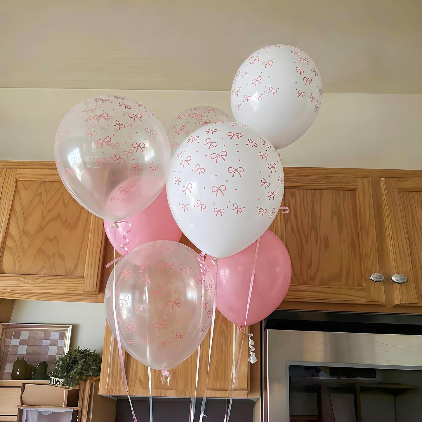 Pink Bow Balloons, 12 Inch Pastel Light Pink Transparent White Bow Print Coquette Balloon for Girls Women Birthday Bachelorette Party Bridal Baby Shower Wedding Anniversary Decorations Supplies