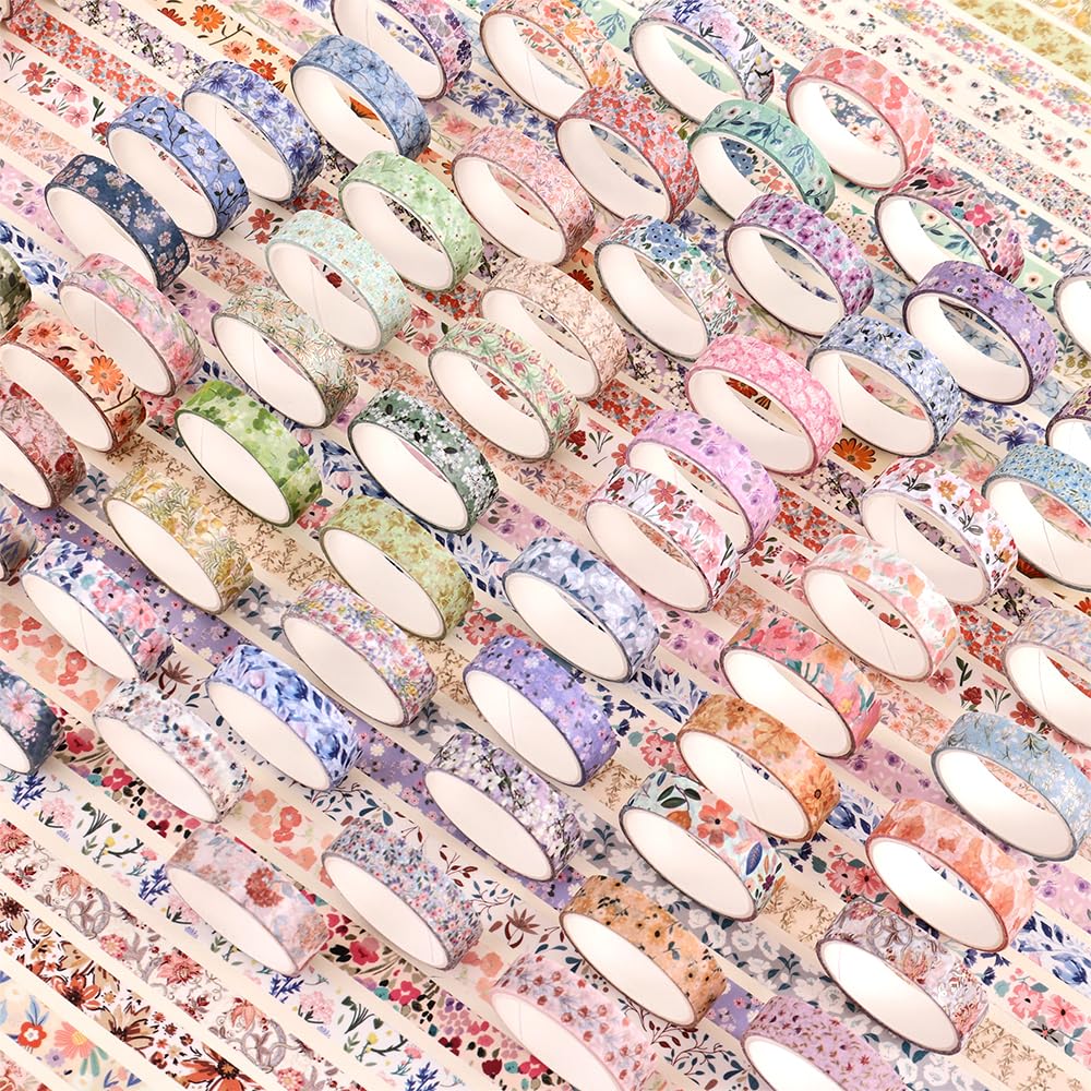 60 Rolls Flowers Theme Washi Tape Set with Different Colorful Patterns, Writable Decorative Tapes for Scrapbooking, Bible Journaling, Bullet Journaling, 0.39'' x 79'' per Roll