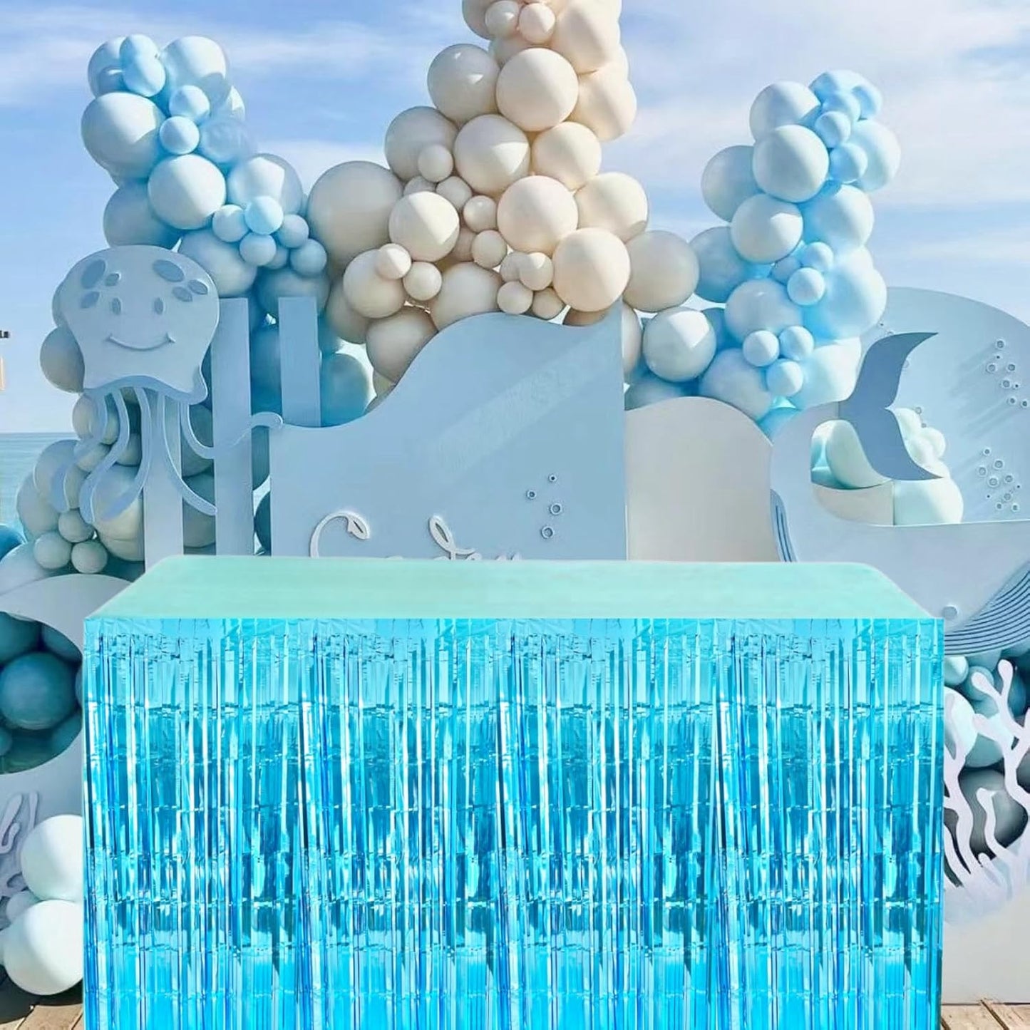 Light Blue Streamers Party Decorations, 2 Packs Ocean Blue Table Skirts Metallic Foil Fringe Tinsel for Birthday Under The Sea Shark Boy Baby Shower Winter Party Supplies -29x108Inch