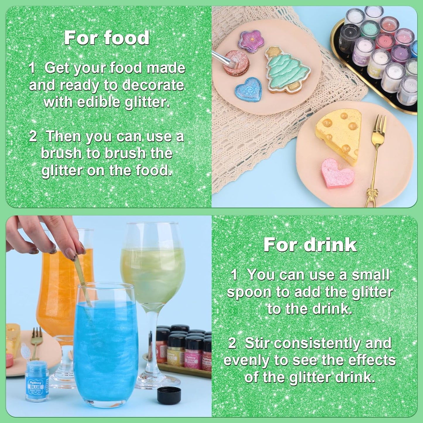 Green Edible Glitter - 5g Food Grade Cake Decorating Shimmering Glitter, Edible Sprinkle Luster Dust for Drinks, Chocolates, Fondant, Strawberries, Cupcakes, Candy, Cookie - Vegan