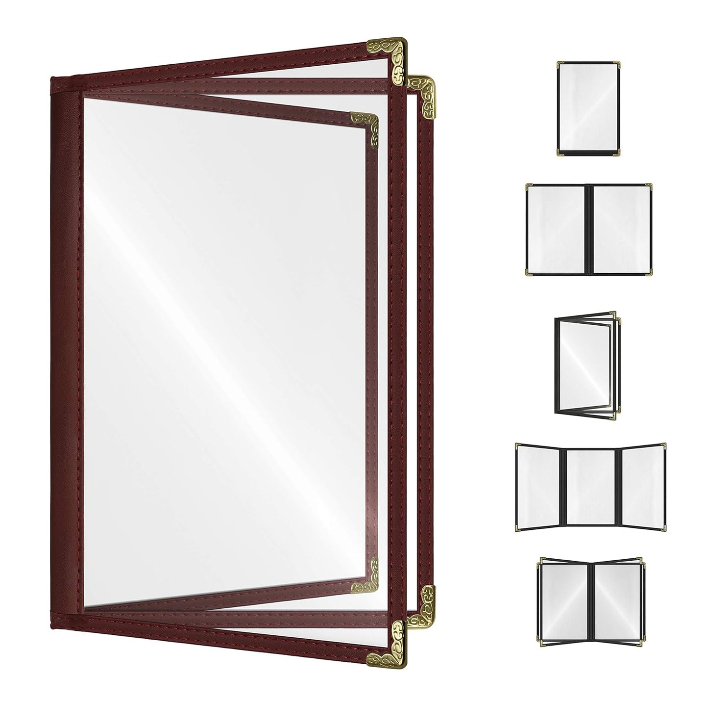 Goodsmart Restaurant Menu Covers – 25 Pack Burgundy 6-View Booklet 5.5" x 8.5", Side-Loading Vinyl & Plastic Menu Holders, Clear Menu Sleeves, Leather-Style Café Covers with Gold Corners