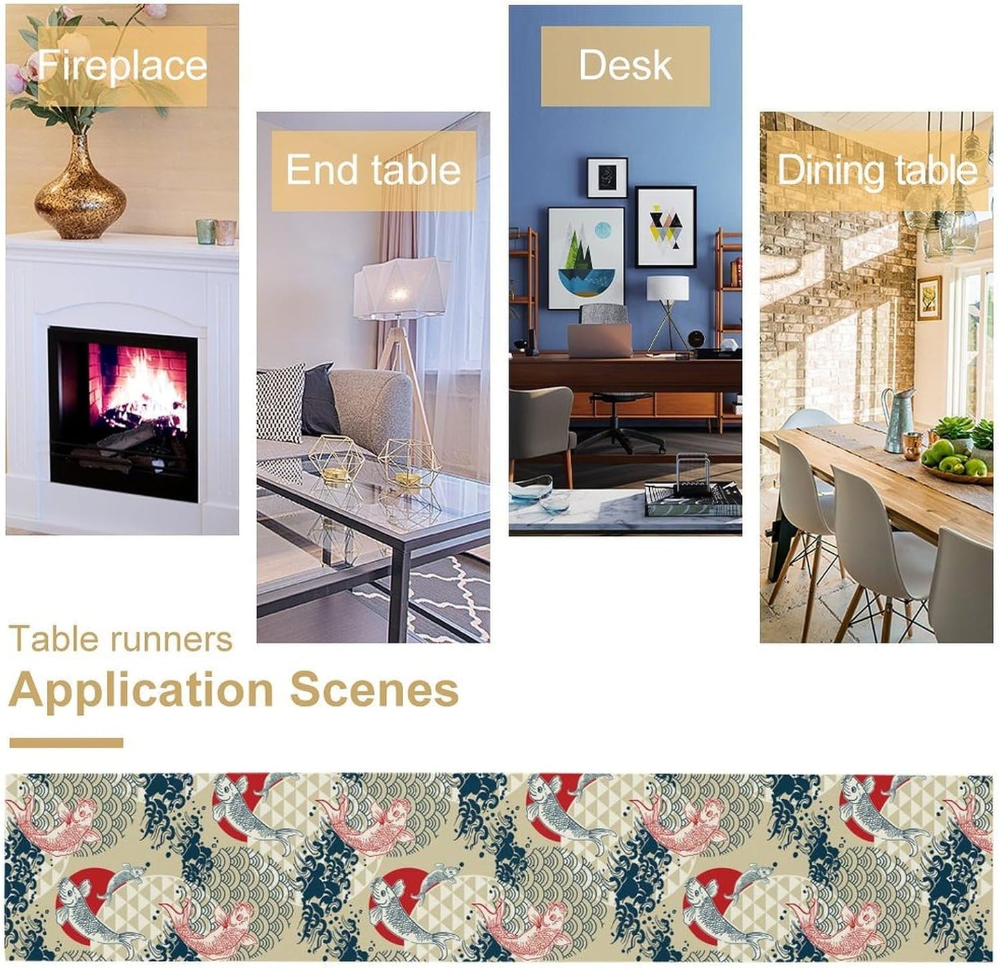 Japanese Table Runner Oriental Tradition Kio Fish Art Printed Burlap Runner Home Kitchen Dining Table Living Room Decor Fabric 1 Panel W13xL108in