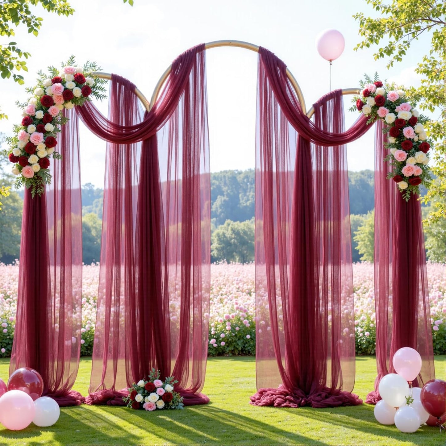 Wedding Arch Draping Fabric Backdrop 2 Panel 30" x 19Ft Burgundy Drapes Curtains for Wedding Reception Sheer Tulle Backdrop Curtain for Ceremony Birthday Party Baby Shower Arbor Ceiling Decorations